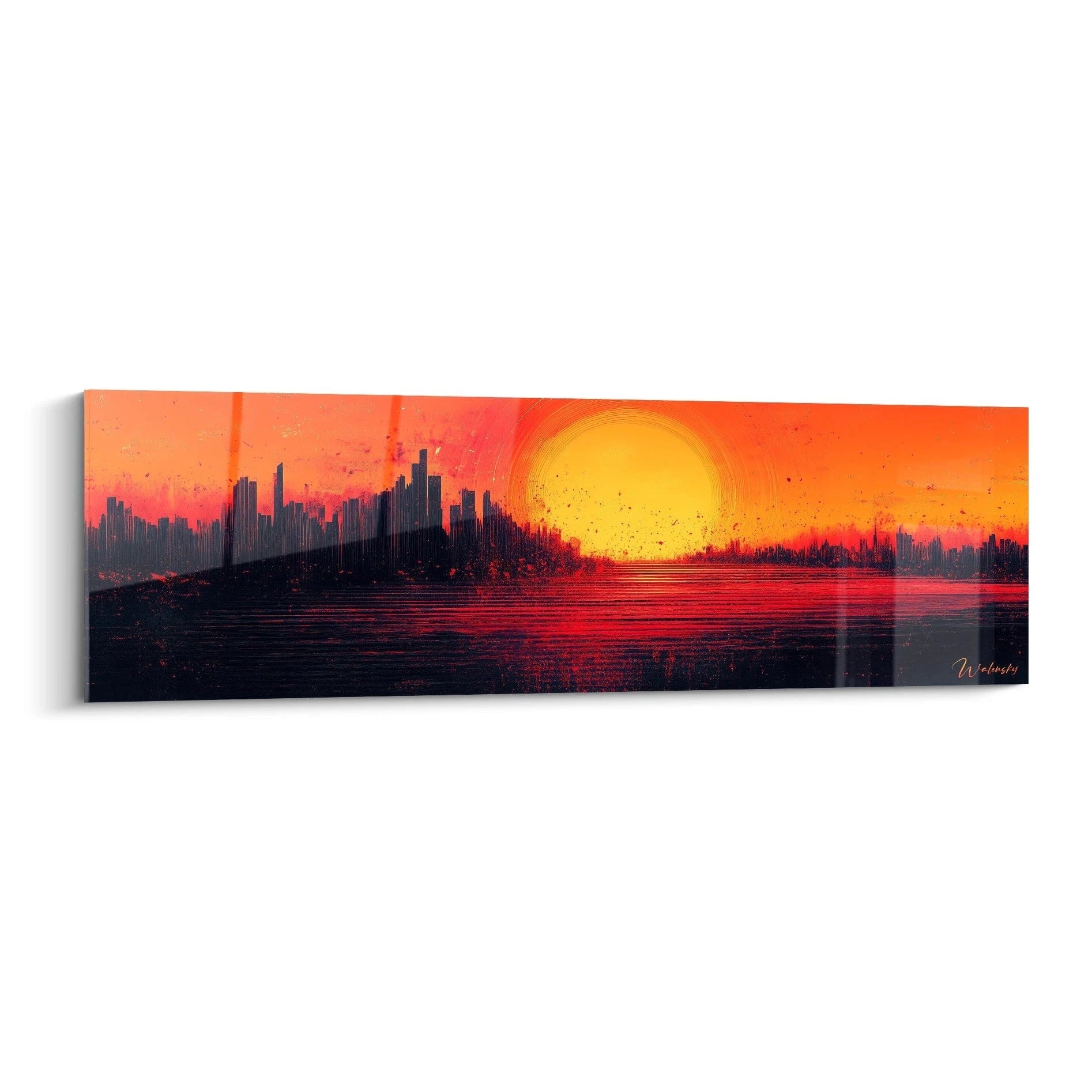Tableau New York Walensky avec coucher de soleil orange et silhouette de gratte-ciels modernes