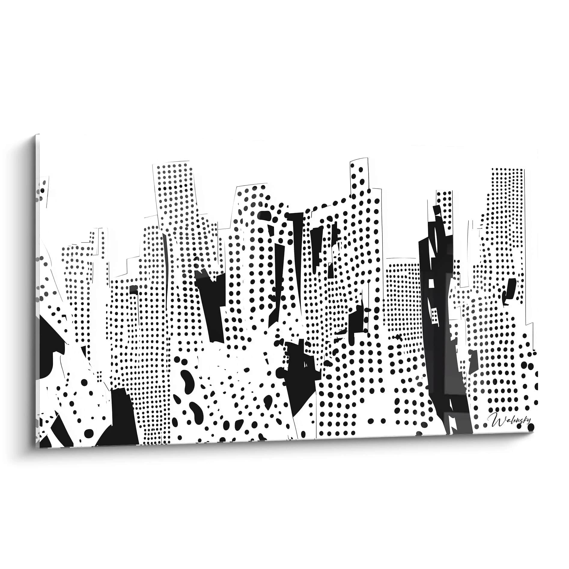 Tableau tacheté noir et blanc représentant une ville moderne avec des motifs géométriques