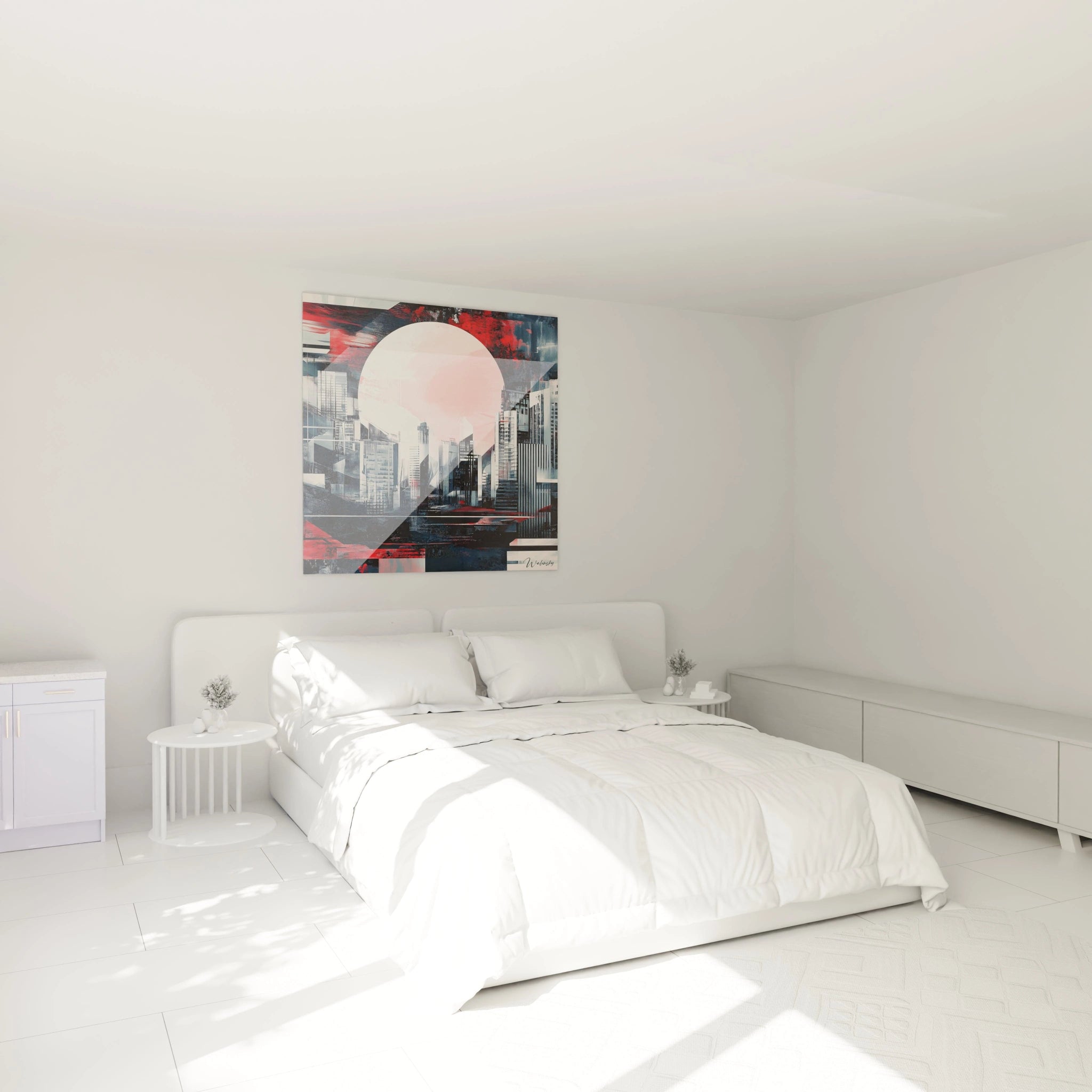 Tableau japonais Walensky décor mural moderne avec paysage urbain stylisé dans chambre blanche minimaliste