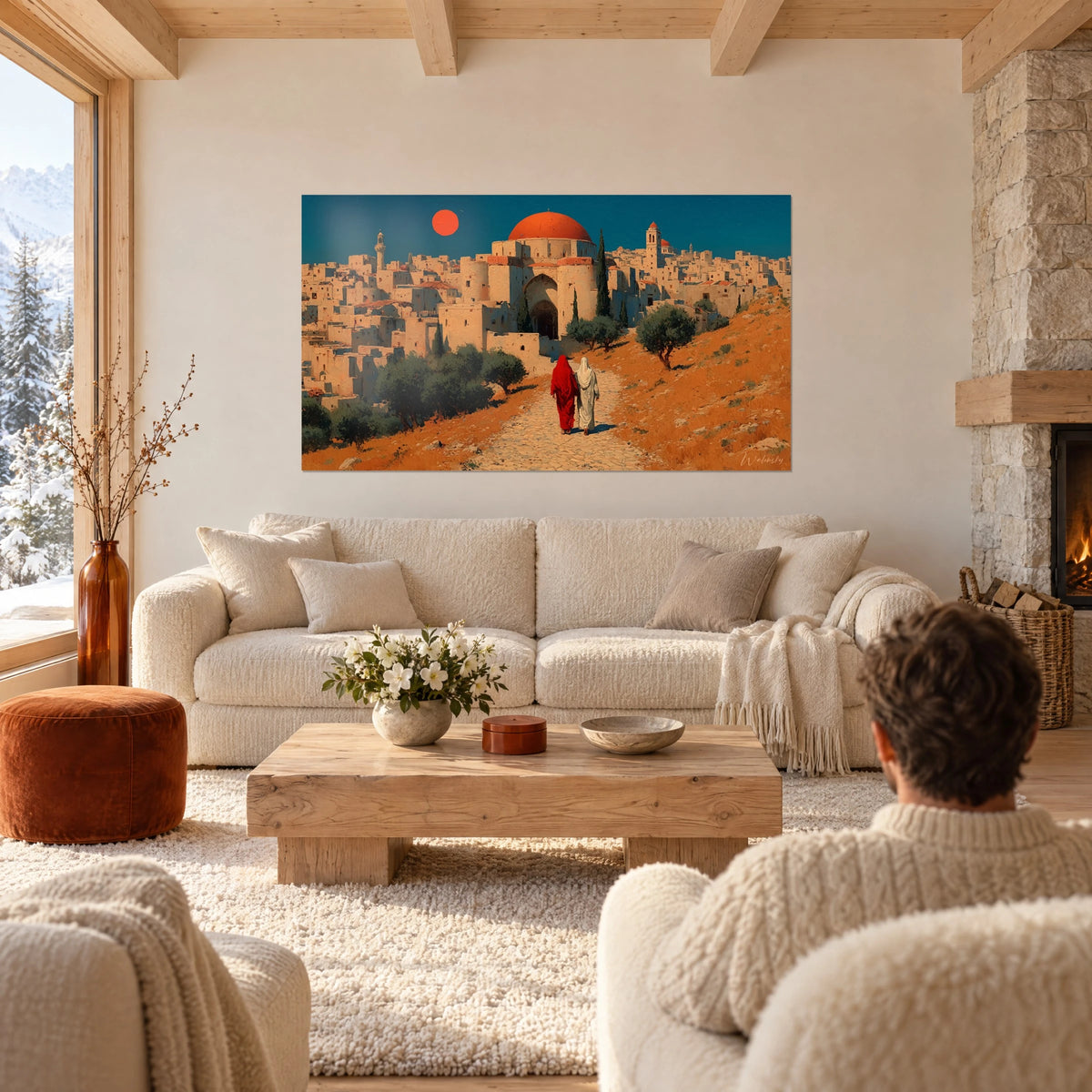 Quadro città orientale con muri di sabbia sotto una cupola arancione, sole rosso in un cielo blu notte, sopra un divano in un soggiorno luminoso