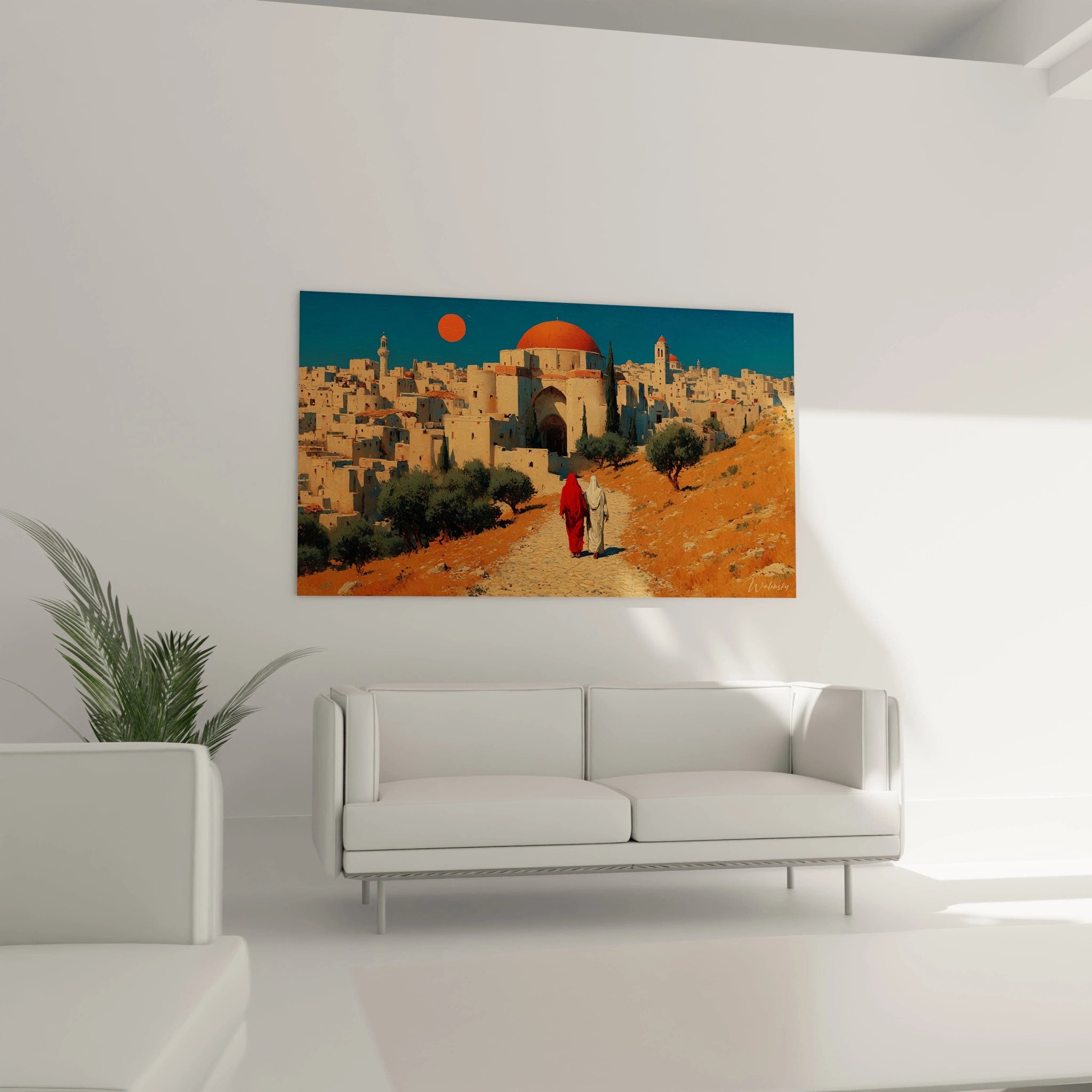 tableau ville orientale Walensky représentant une cité au dôme rouge chemin sablonneux et personnage en tunique rouge