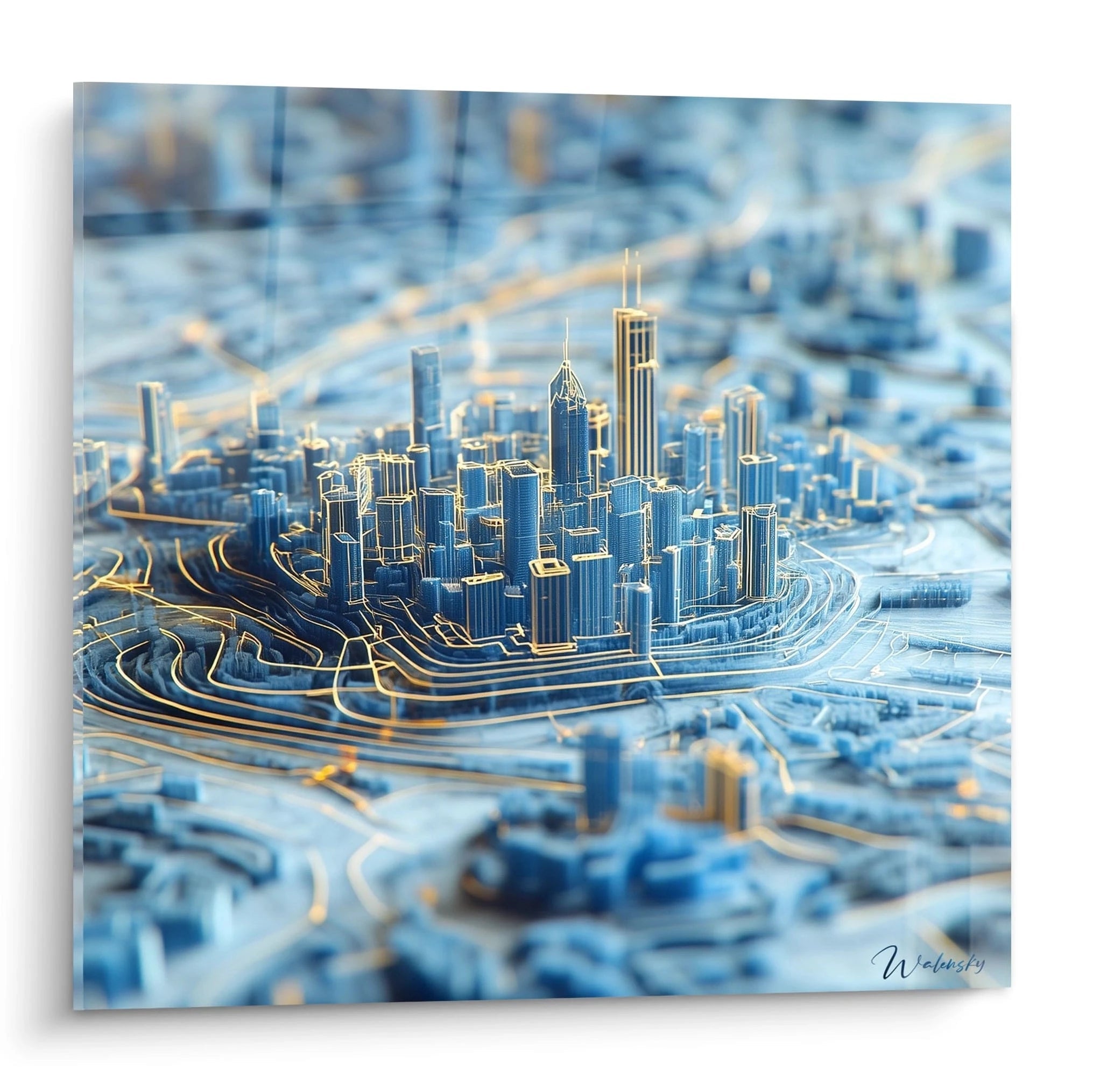 Tableau trompe l'oeil Walensky représentant une maquette urbaine en 3D avec immeubles modernes et routes détaillées