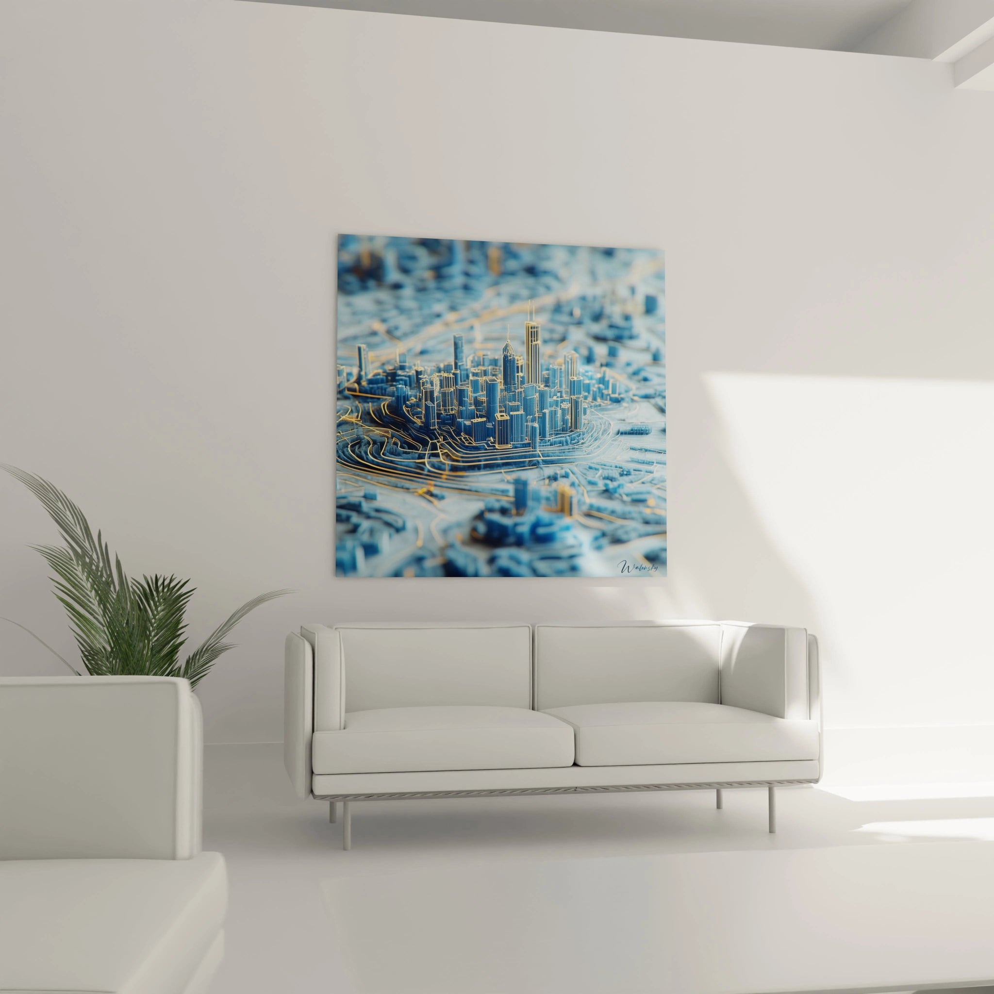 Tableau trompe l'oeil Walensky représentant une maquette urbaine en bleu accroché dans un salon moderne blanc