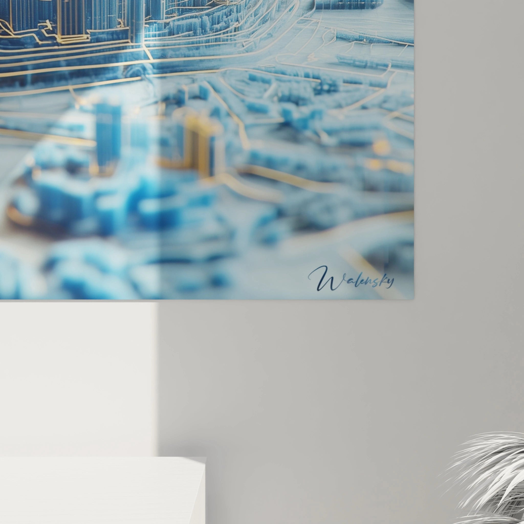 Tableau trompe l'œil Walensky représentant une carte urbaine en relief aux tons bleus et dorés