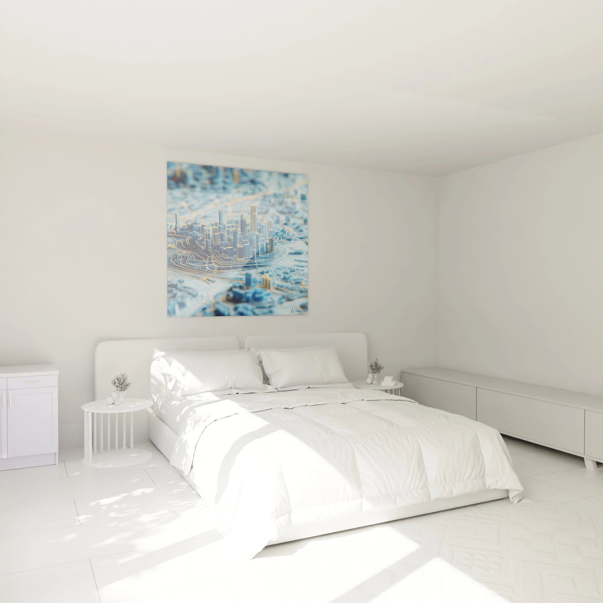 Tableau trompe l'oeil Walensky représentant une vue urbaine futuriste accroché au-dessus d'un lit blanc dans une chambre minimaliste