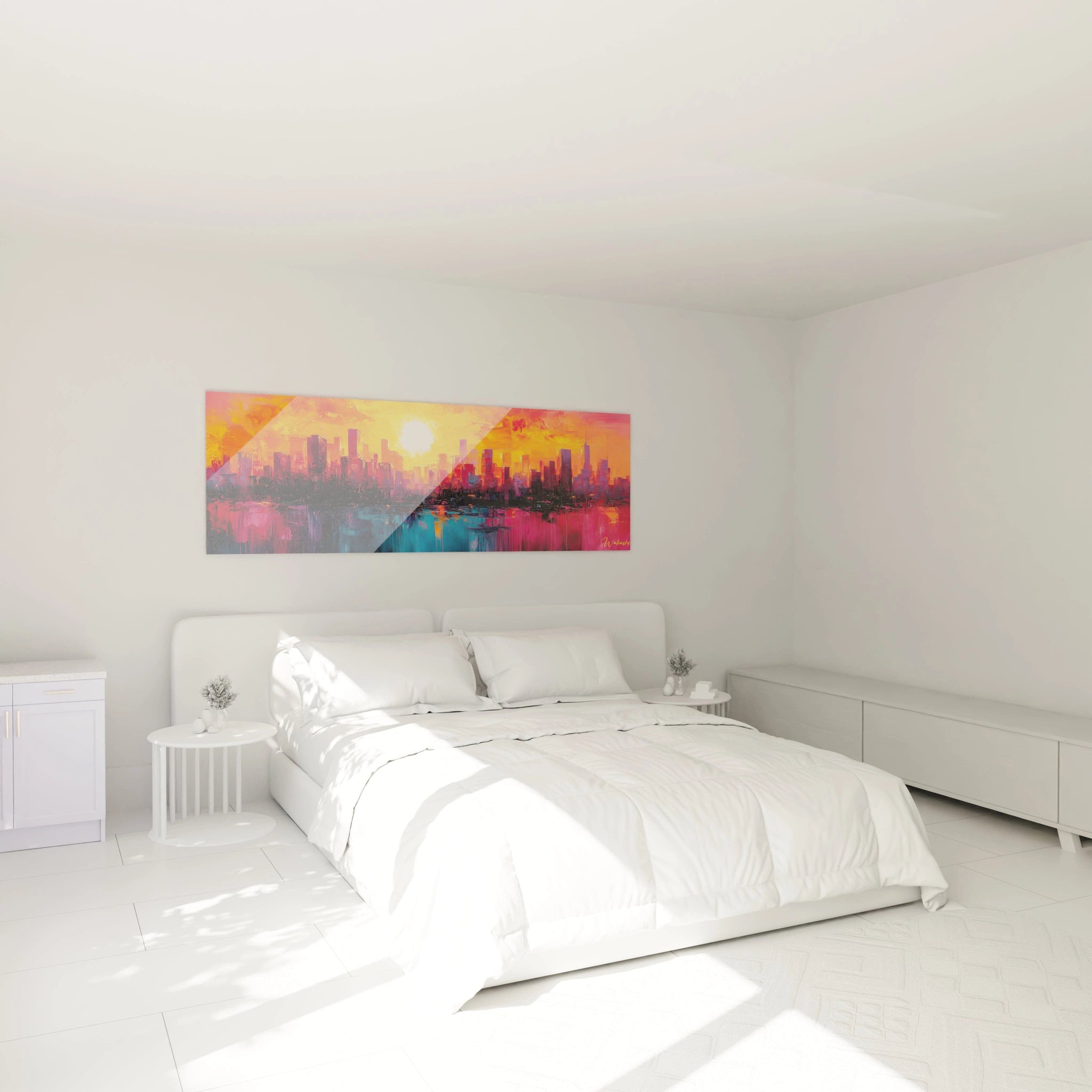 Tableau New York Walensky avec illustration colorée du coucher de soleil au-dessus de la ville dans une chambre moderne