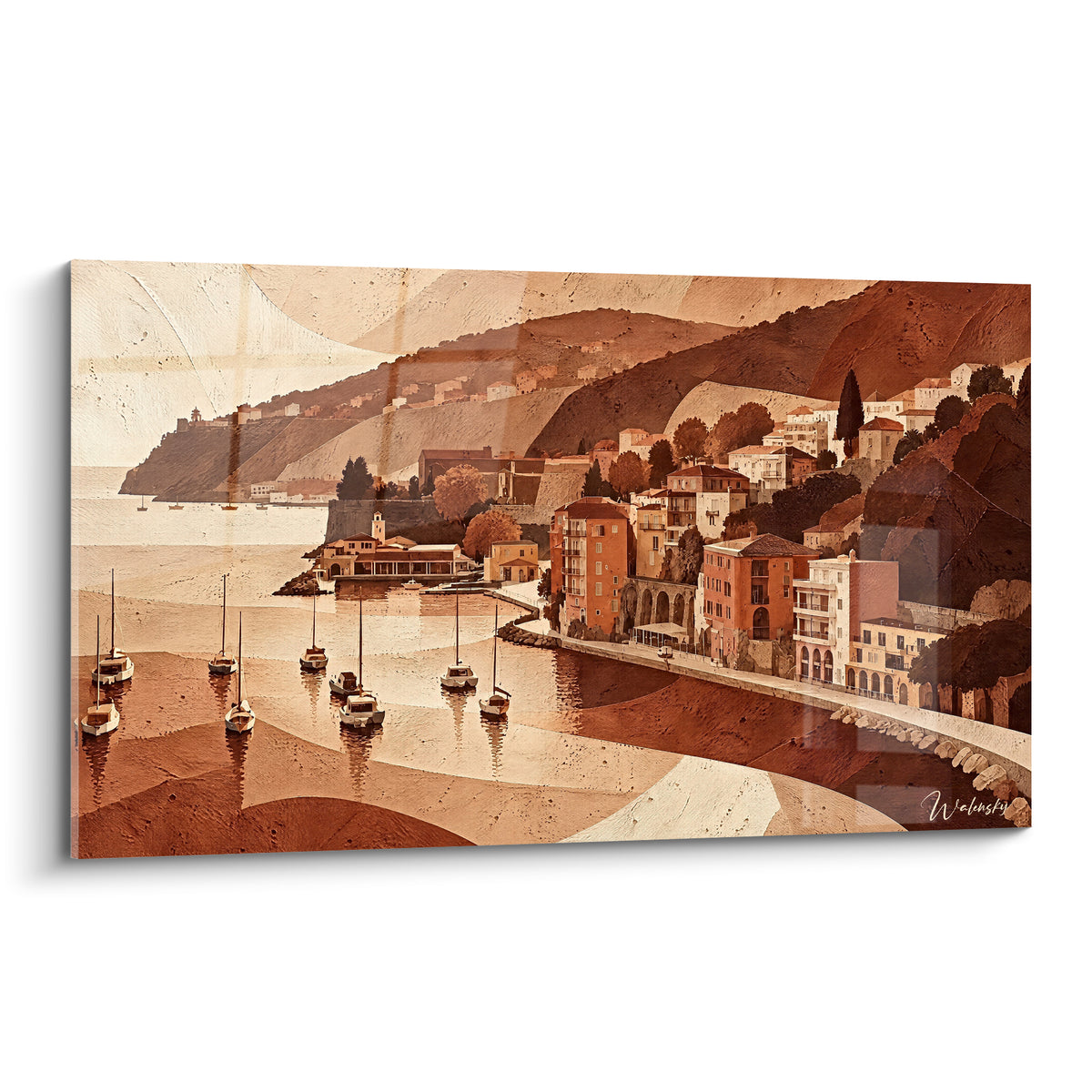 Voiliers ancrés dans une rade terracotta et sable, village côtier aux toits orangés