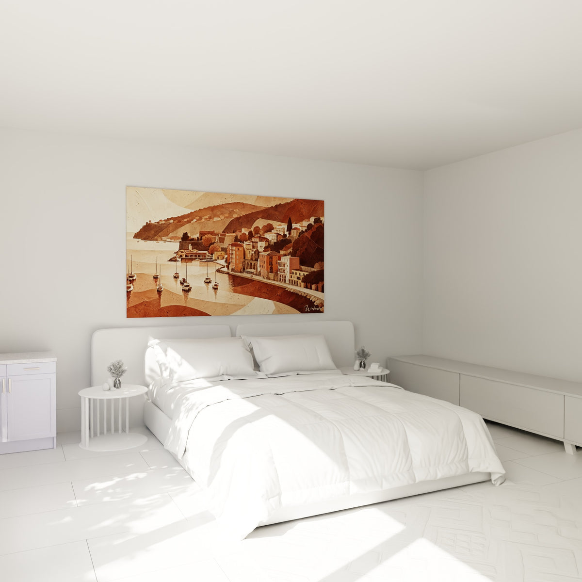 Rade méditerranéenne aux teintes terracotta et brunes, au-dessus d'un lit dans une chambre claire