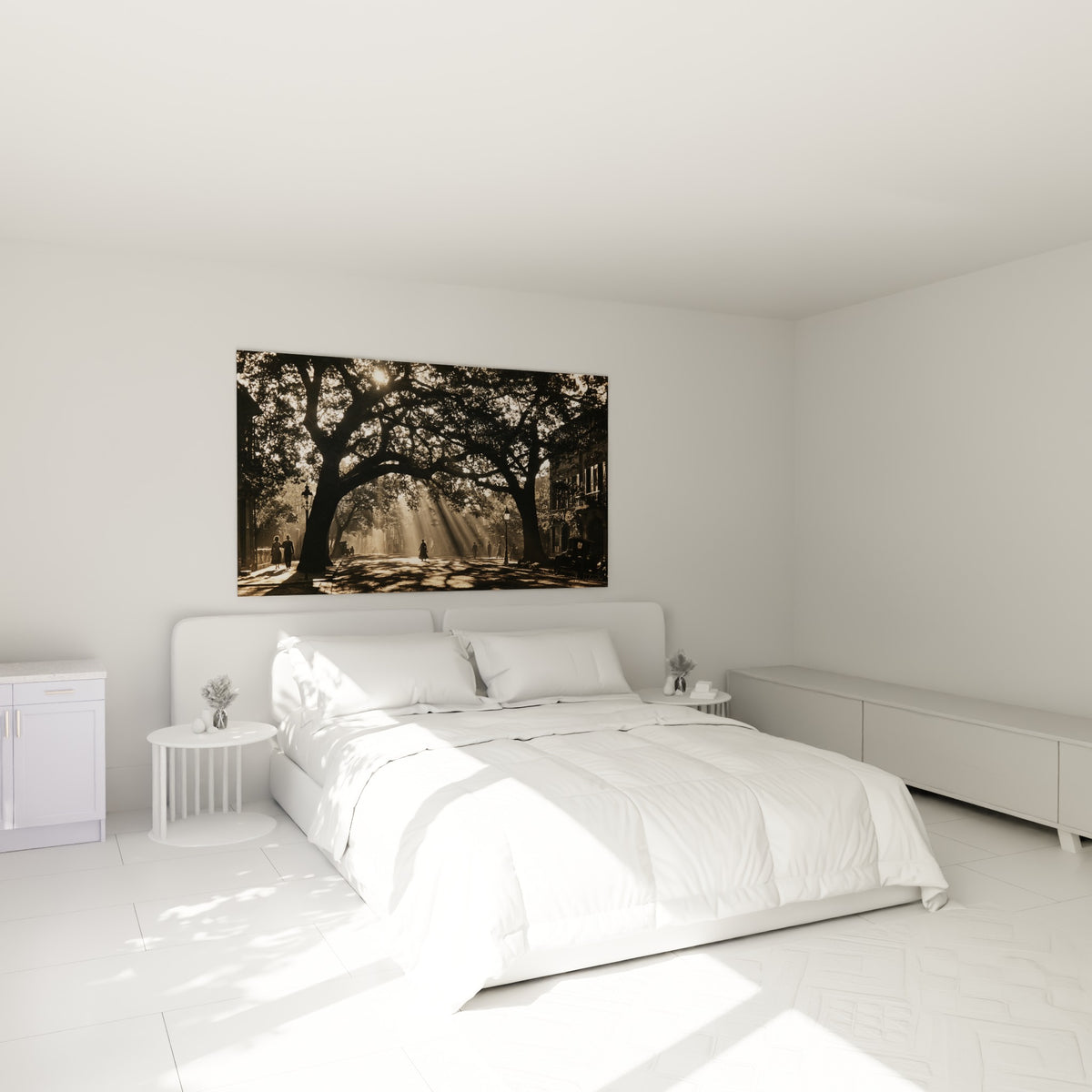 Allée ombragée sépia et beige, passants sous les branches, au-dessus d'un lit dans une chambre claire