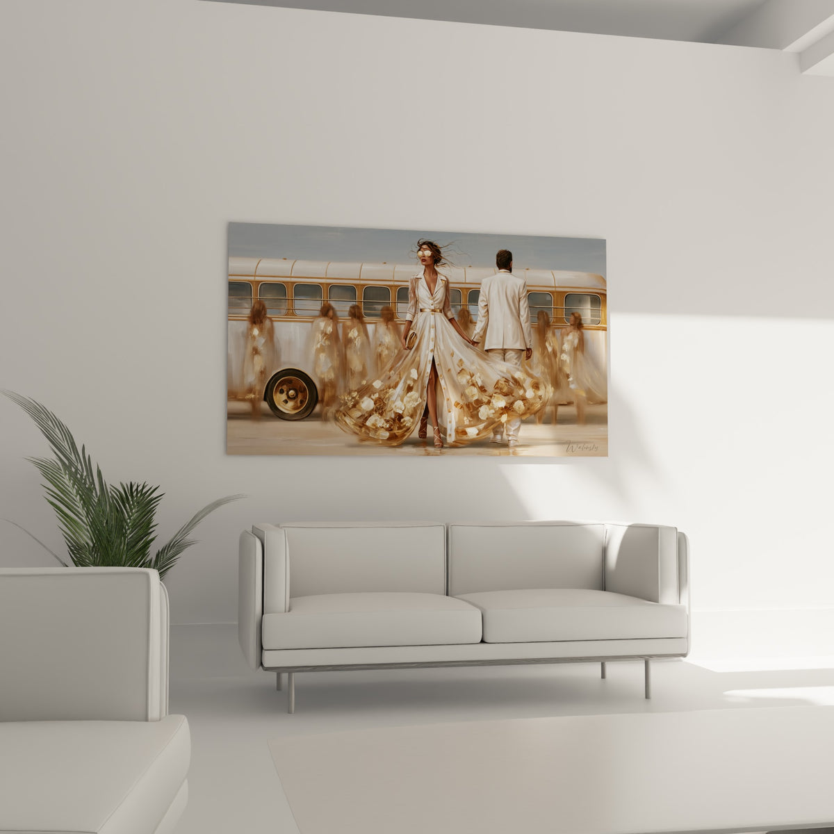 Silhouettes en blanc et or devant un bus ancien crème au-dessus d'un canapé dans un salon lumineux