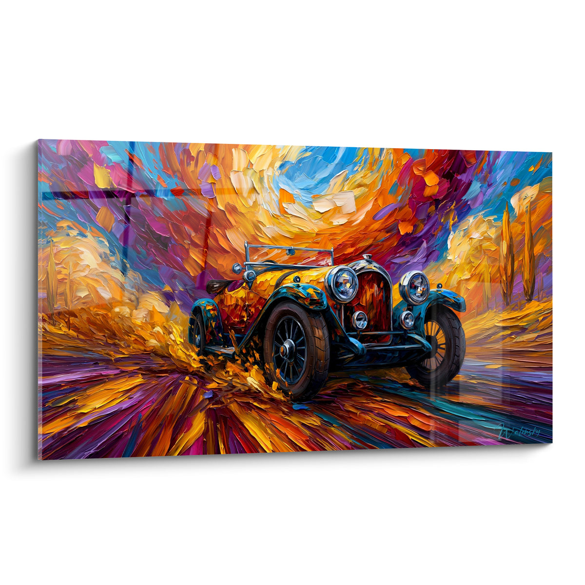 Automobile décapotable bleu nuit et orange traversant un tourbillon de peinture texturée