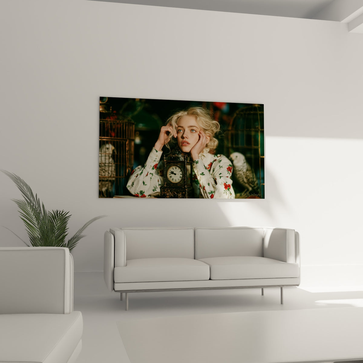 Femme pensive entourée de perroquets blancs et d'une horloge sombre au-dessus d'un canapé dans un salon lumineux