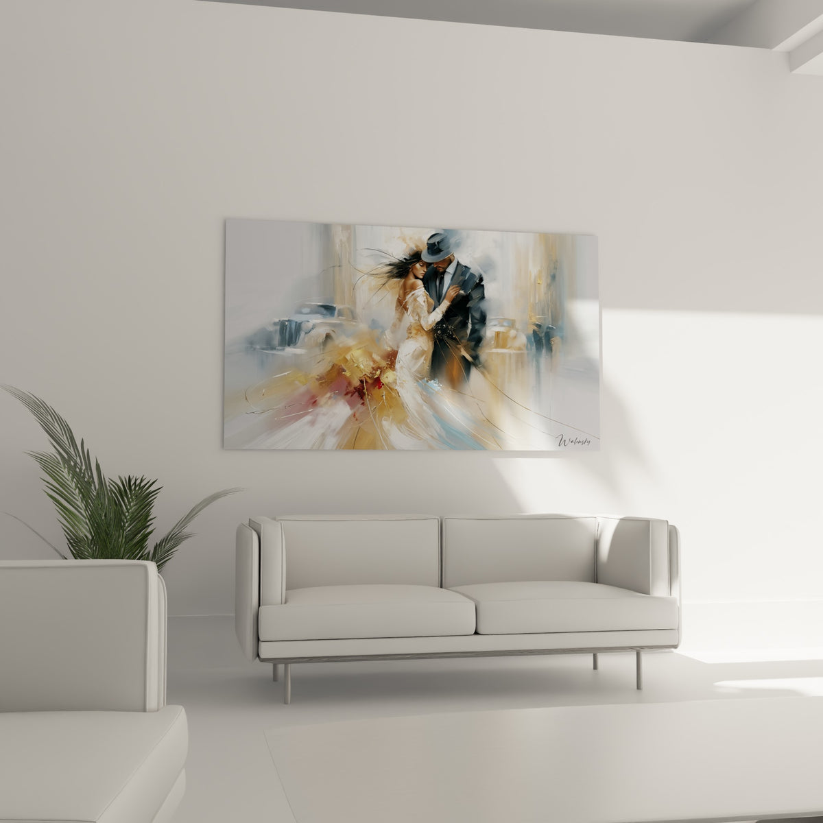 Amants vêtus de blanc et d'anthracite, empâtements dorés, disposés au-dessus d'un canapé dans un salon lumineux