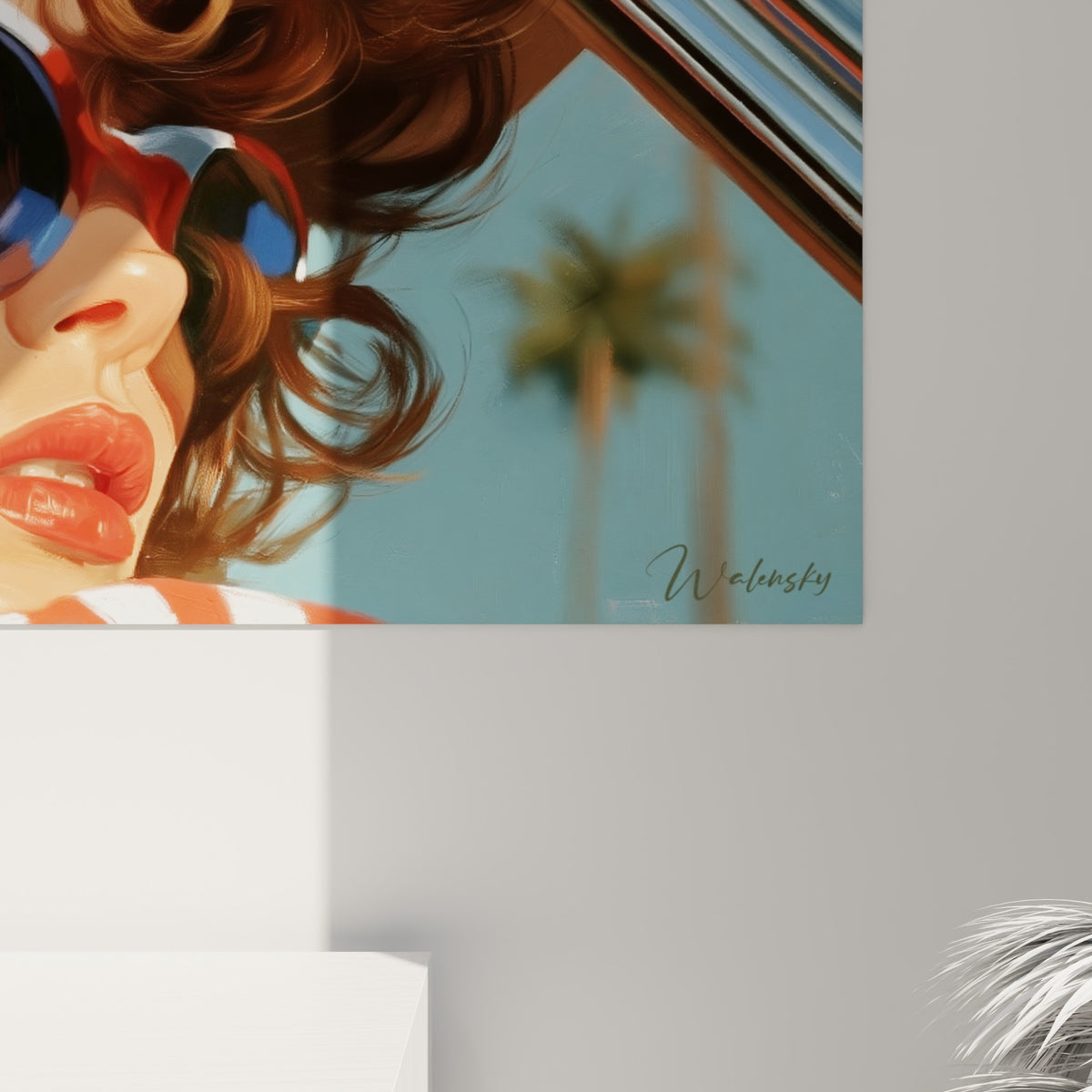 Détail des mèches auburn et du reflet chromé sur les lunettes rayées rouge et bleu, empâtements visibles