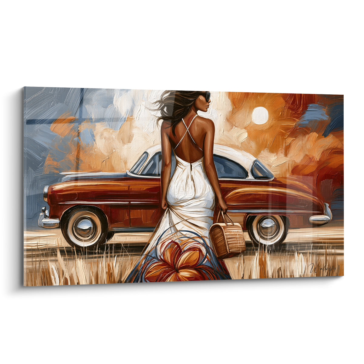 Femme en robe blanche dos-nu devant une voiture terracotta, ciel bleu ardoise et orangé peint largement