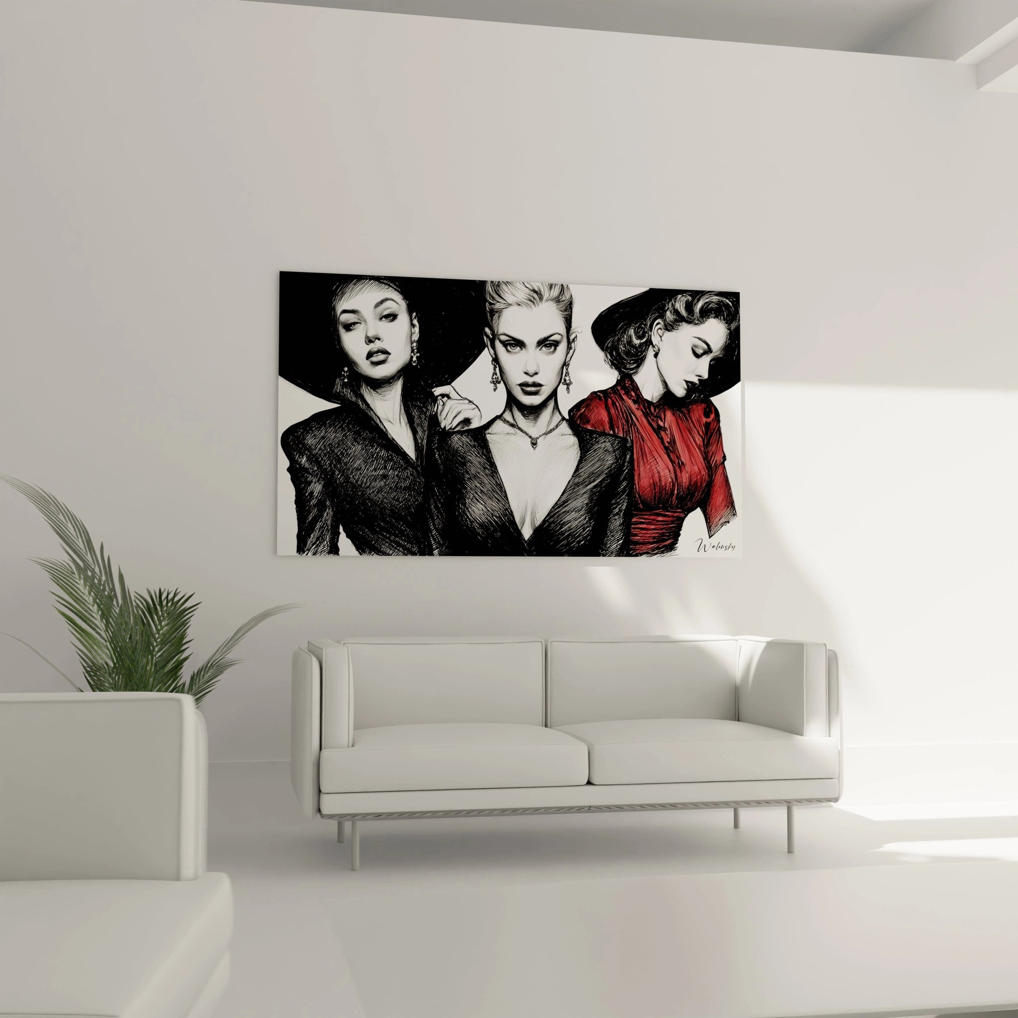 Tableau illustration de mode vintage représentant trois femmes élégantes en noir et blanc dans un décor moderne