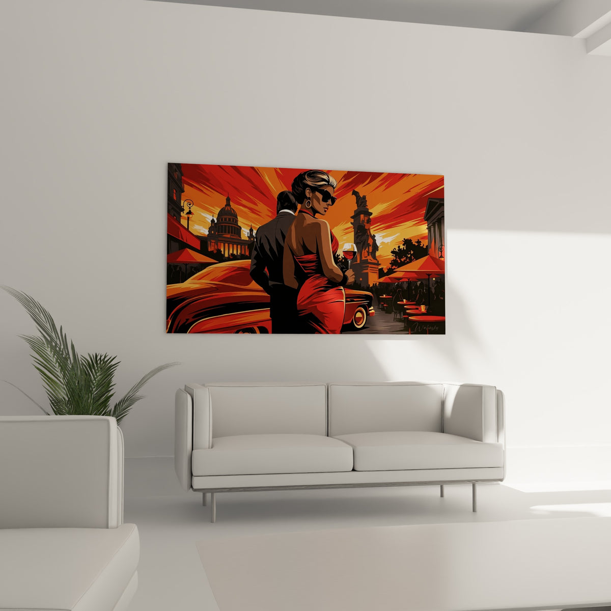 Scène urbaine aux teintes rouge et orange avec voiture ancienne, au-dessus d'un canapé dans un salon lumineux
