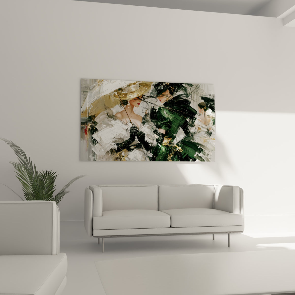 Femmes élégantes au chapeau doré et vert émeraude, disposées au-dessus d'un canapé dans un salon lumineux