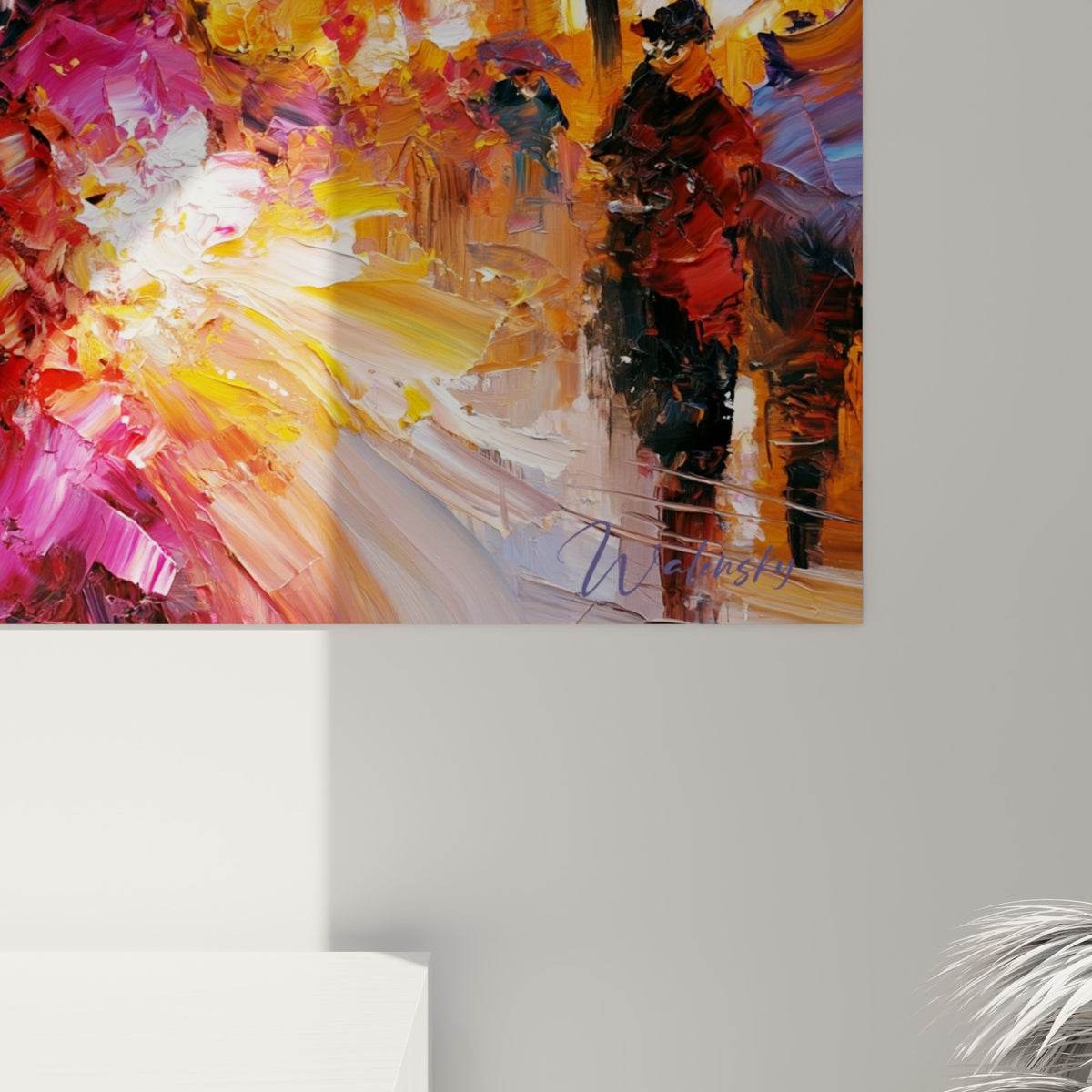 Empâtements épais mêlant orangé, mauve et blanc, matière du tableau visible en gros plan sur la toile
