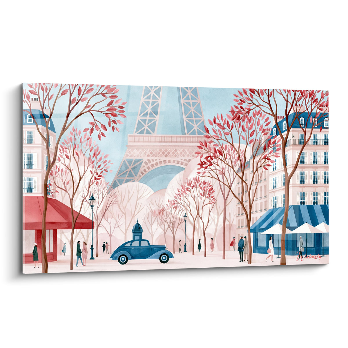Rue parisienne aquarelle rose et bleu marine avec Tour Eiffel et automobile ancienne devant façades haussmanniennes
