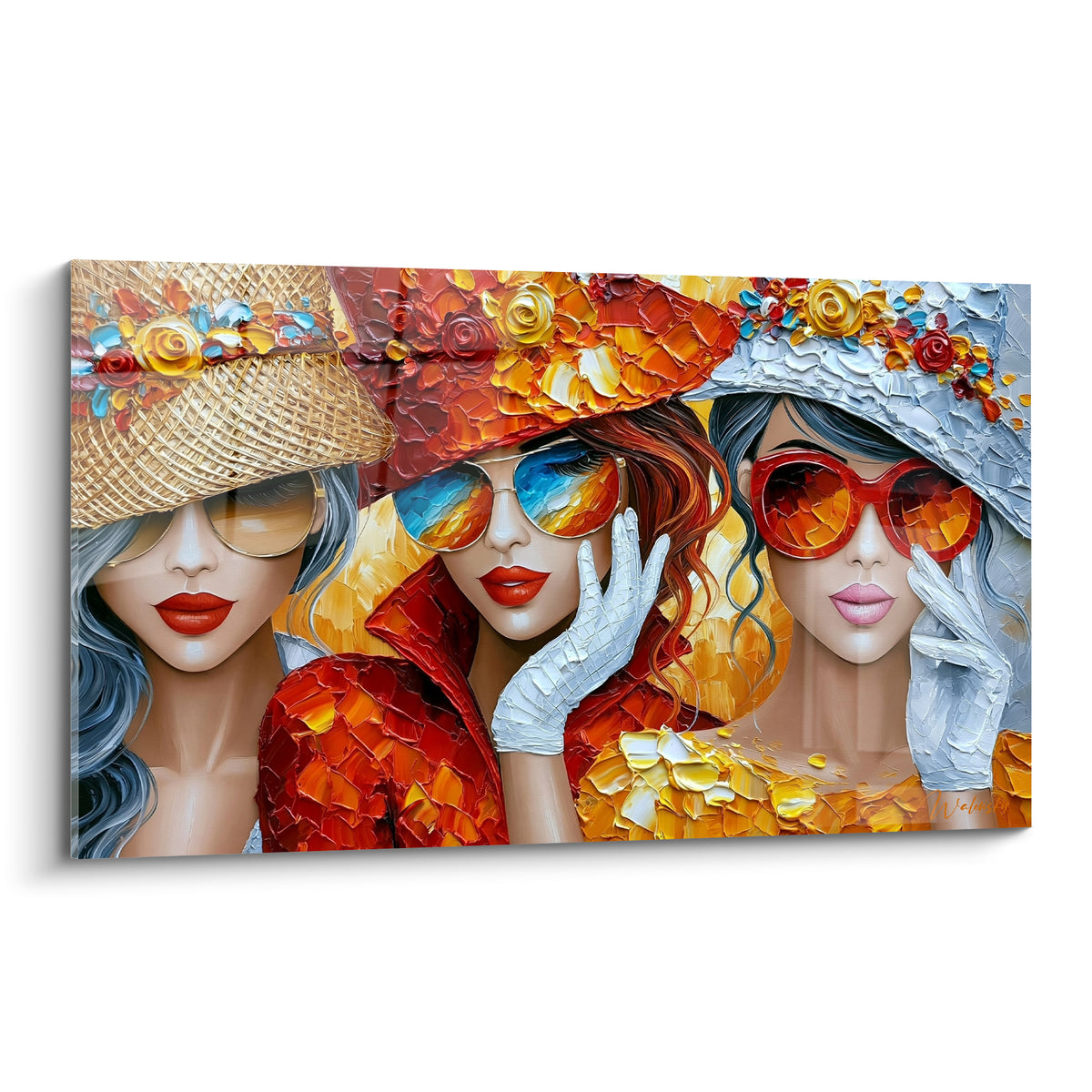 Trois femmes chapeautées en rouge, doré et gris, lunettes réfléchissantes, peinture au couteau texturée