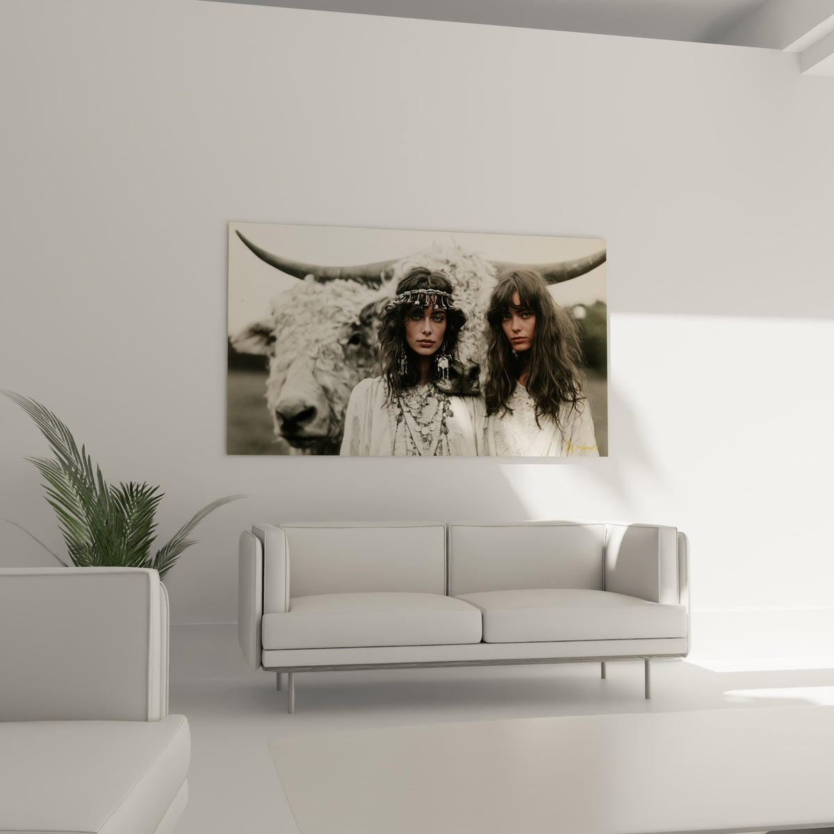 Visages bruns et cornes du bœuf crème composent ce tableau, au-dessus d'un canapé dans un salon lumineux