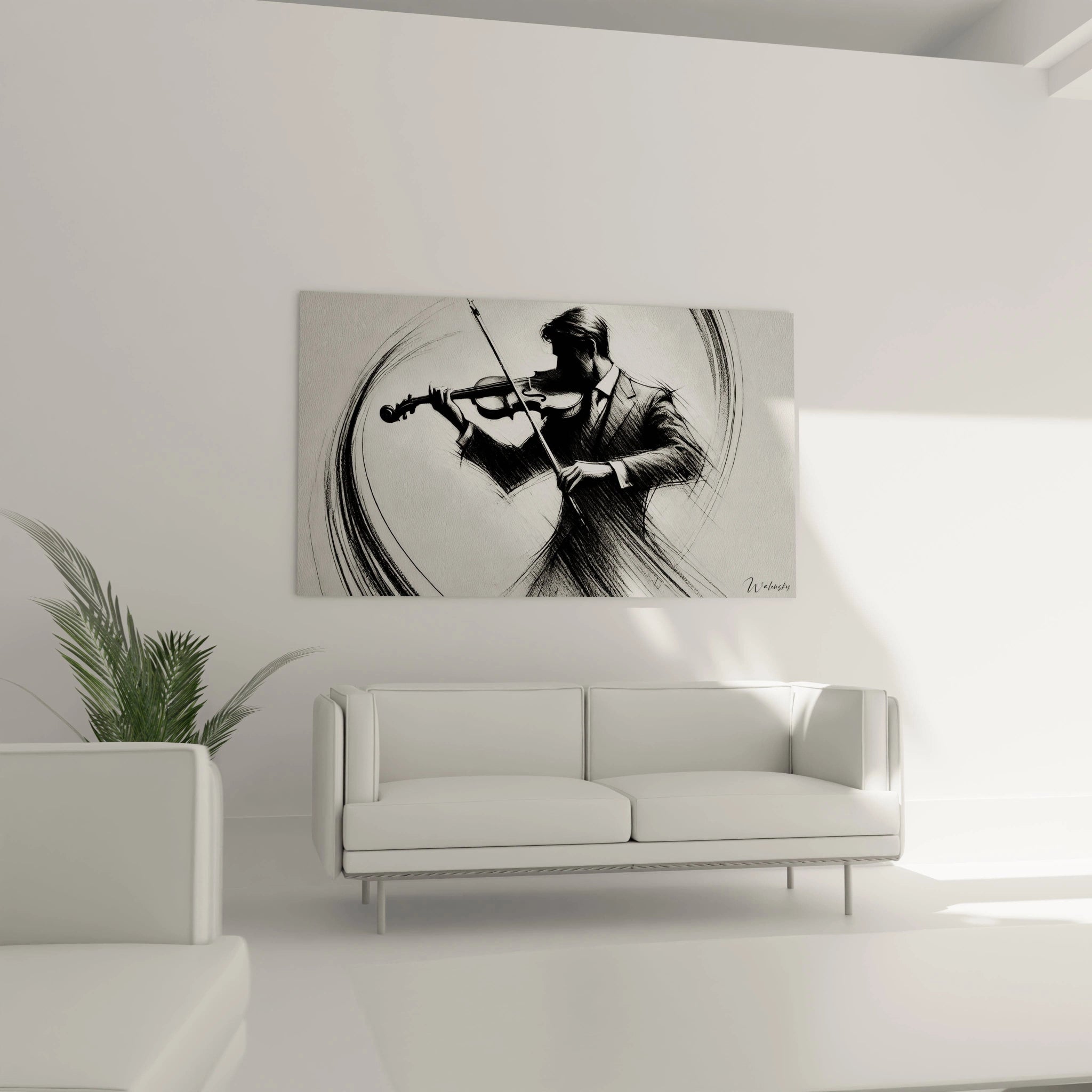 Tableau musique abstrait dans un salon moderne, mettant en scène un musicien et des formes dynamiques captivantes.