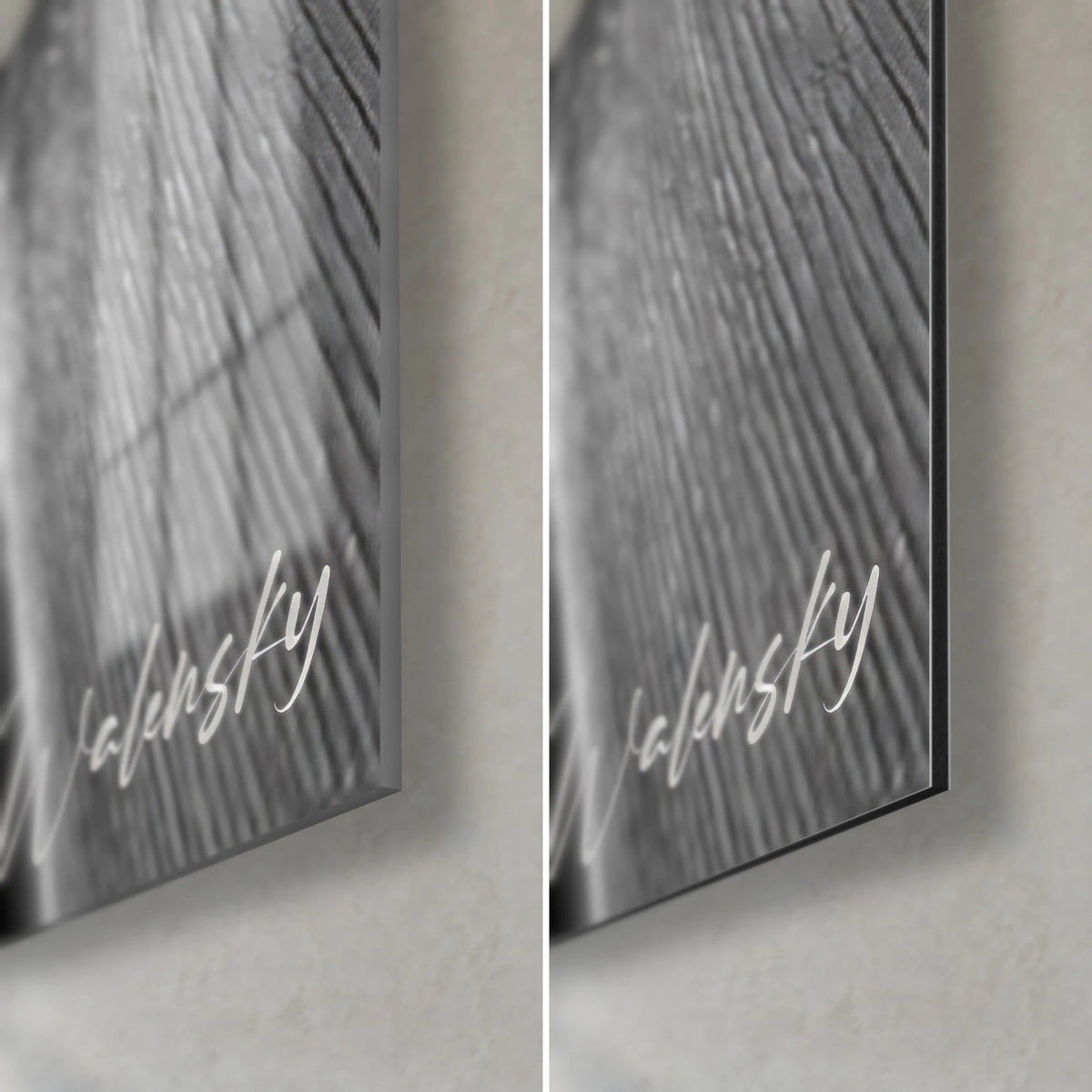 Schilderij monochroom vioolcorpus, rechtsonder hoek: glanzend acrylglas links, mat grijs Dibond-aluminium rechts, rand van 3 mm