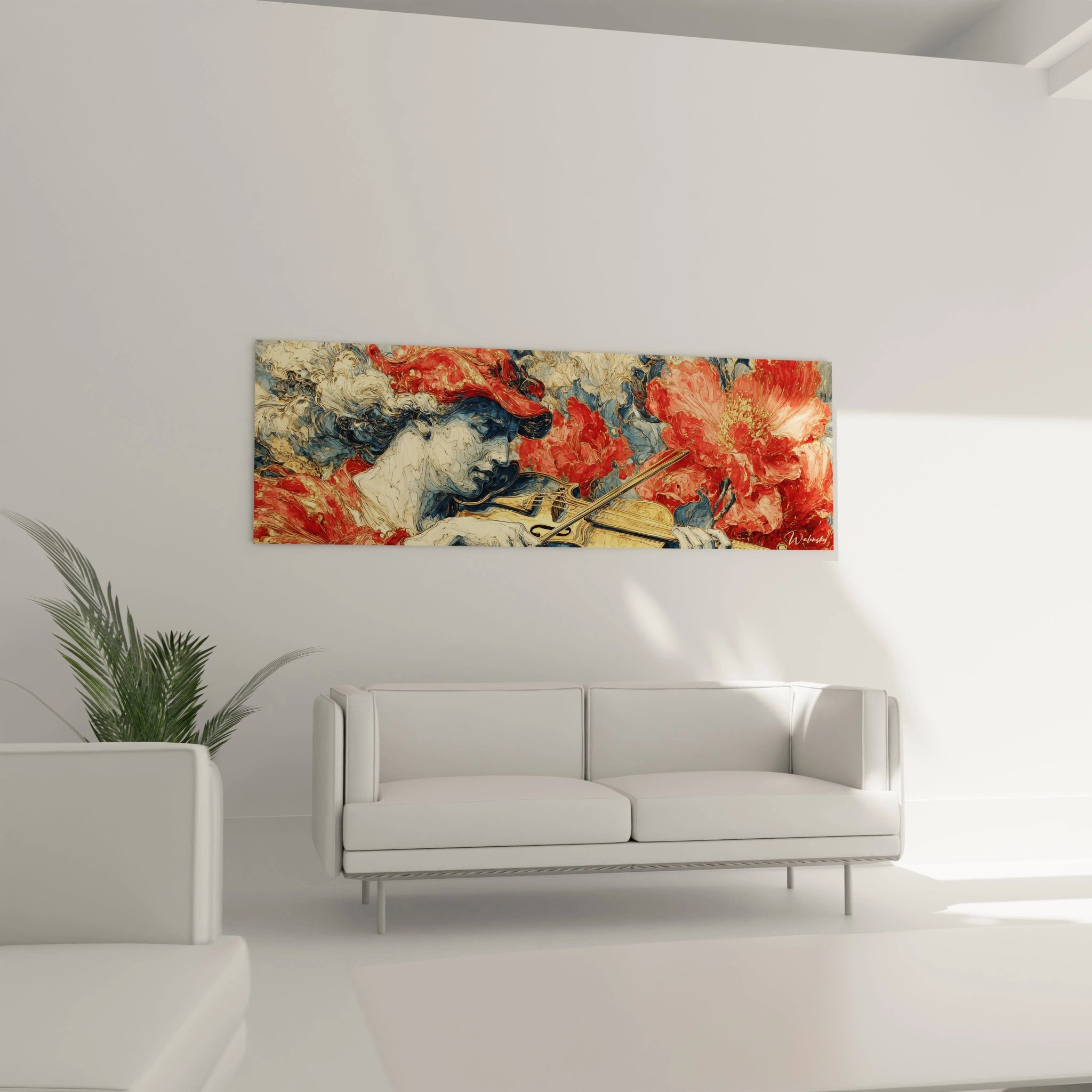 tableau violon baroque Walensky panoramique avec violon entouré de fleurs rouges et bleues au dessus du canapé blanc