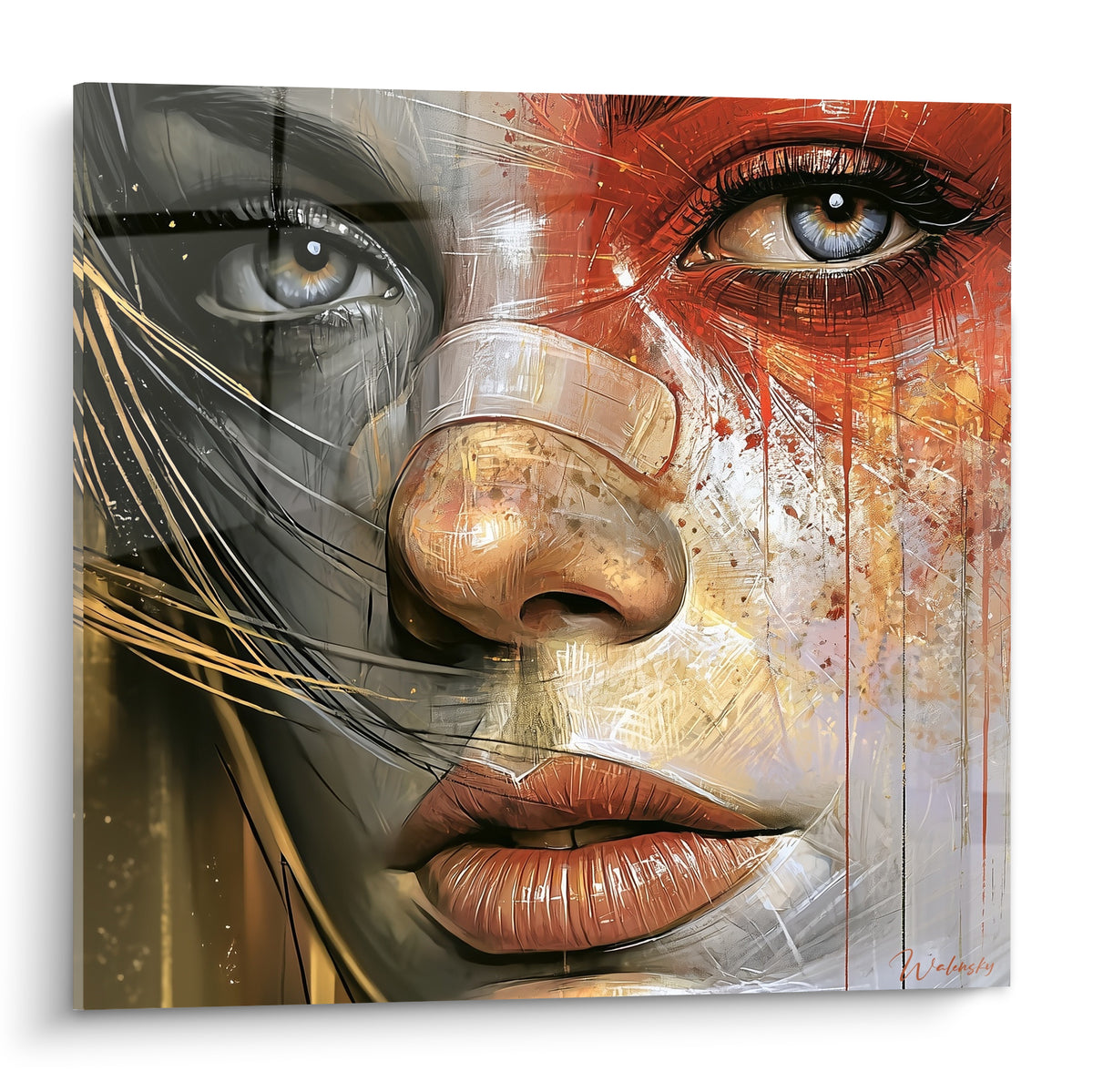 Visage abstrait mi-anthracite mi-terracotta, regard bleu perçant et coulures dorées sur la peau