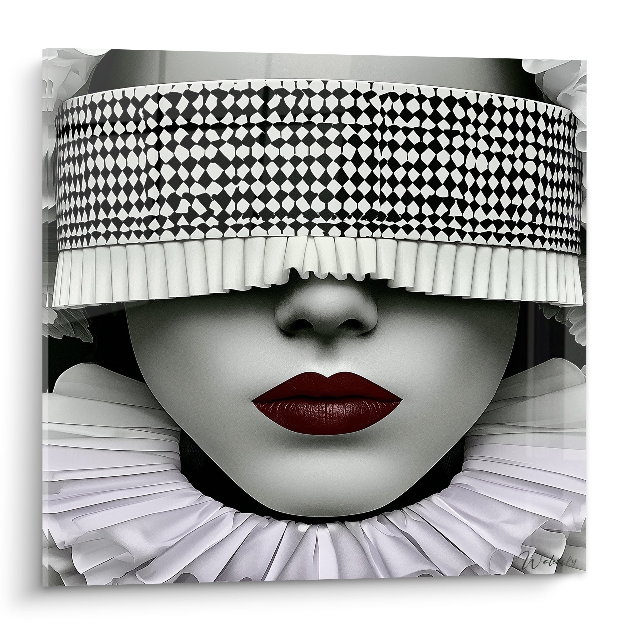 Visage abstrait masqué d'un bandeau arlequin noir et blanc, lèvres bordeaux et collerette plissée blanche