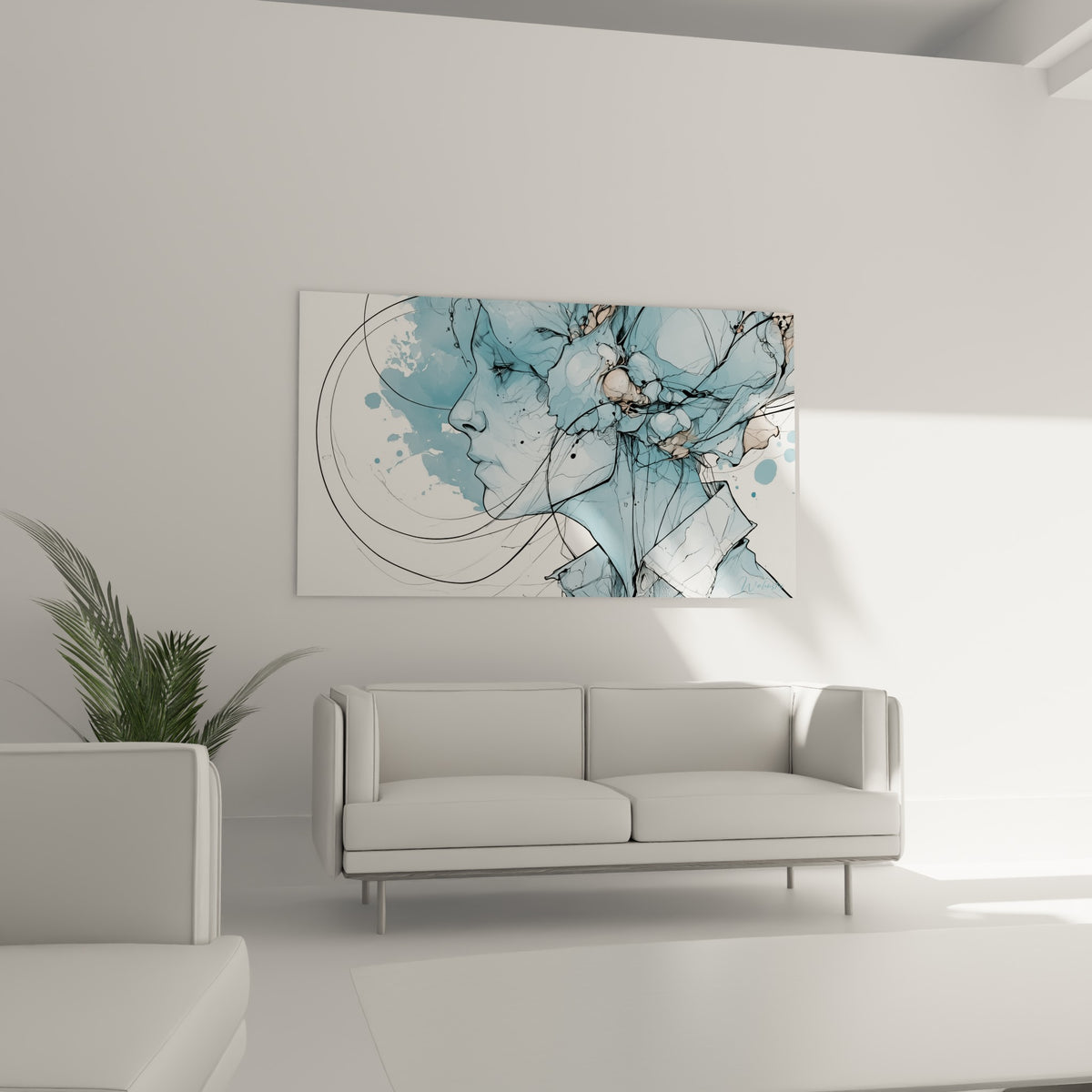 Portrait graphique bleu ciel et blanc au-dessus d'un canapé dans un salon lumineux