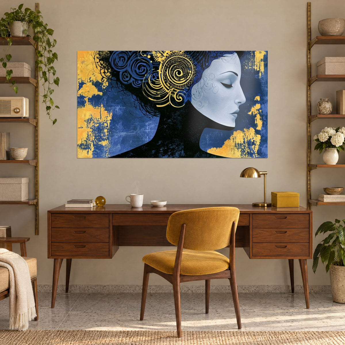 Schilderij muze met gouden spiraalhaar, blauwwitte wangen, nachtblauwe achtergrond bekrast met geel, boven een houten bureau