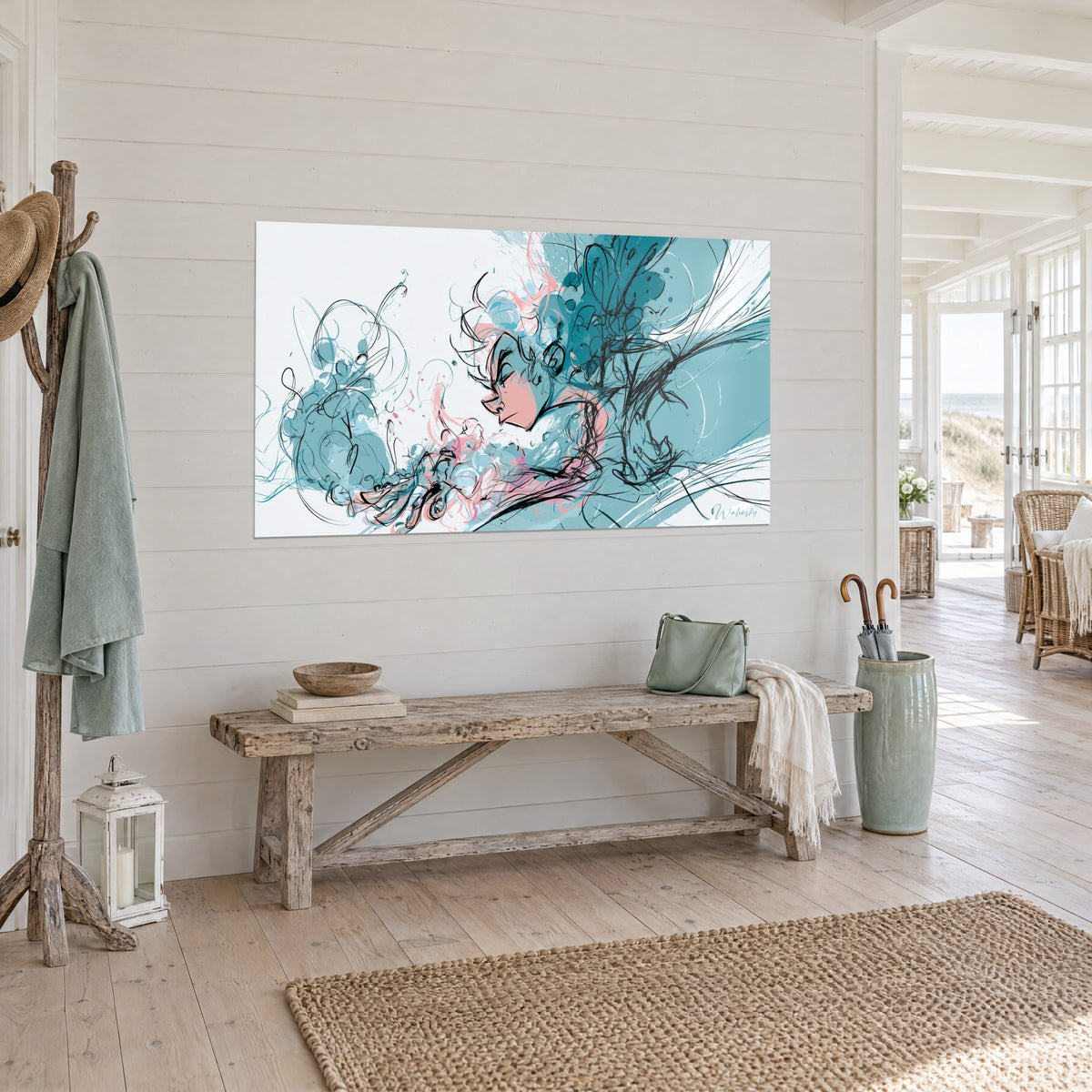 Tableau visage de profil aux volutes turquoise, touches roses et traits noirs nerveux, sur un mur blanc lambrissé de maison côtière