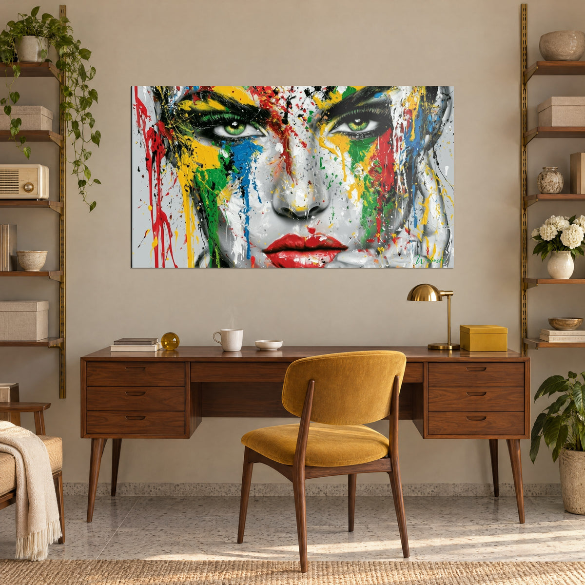 Schilderij masker van kleurrijke verf op een grijs gezicht, intense groene blik, boven een houten bureau en een mosterdgele stoel