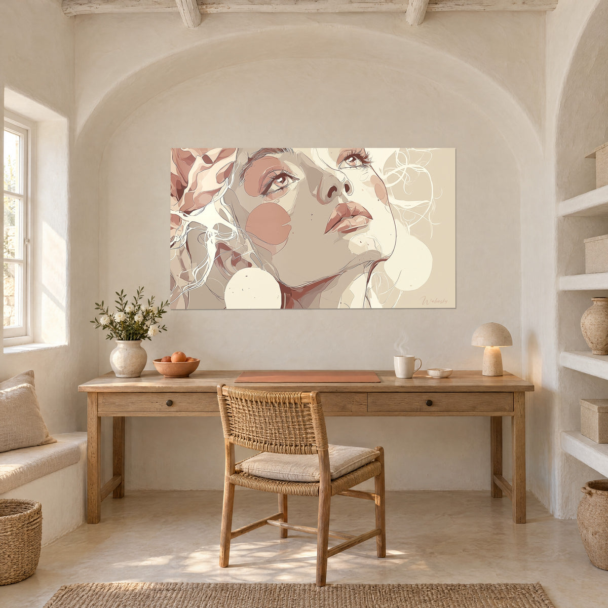 Schilderij jonge vrouw met opgeheven blik, poederroze en grijsbeige tinten, fijne crèmekleurige lijnvoering, boven een bureau van lichthout onder een gewelf