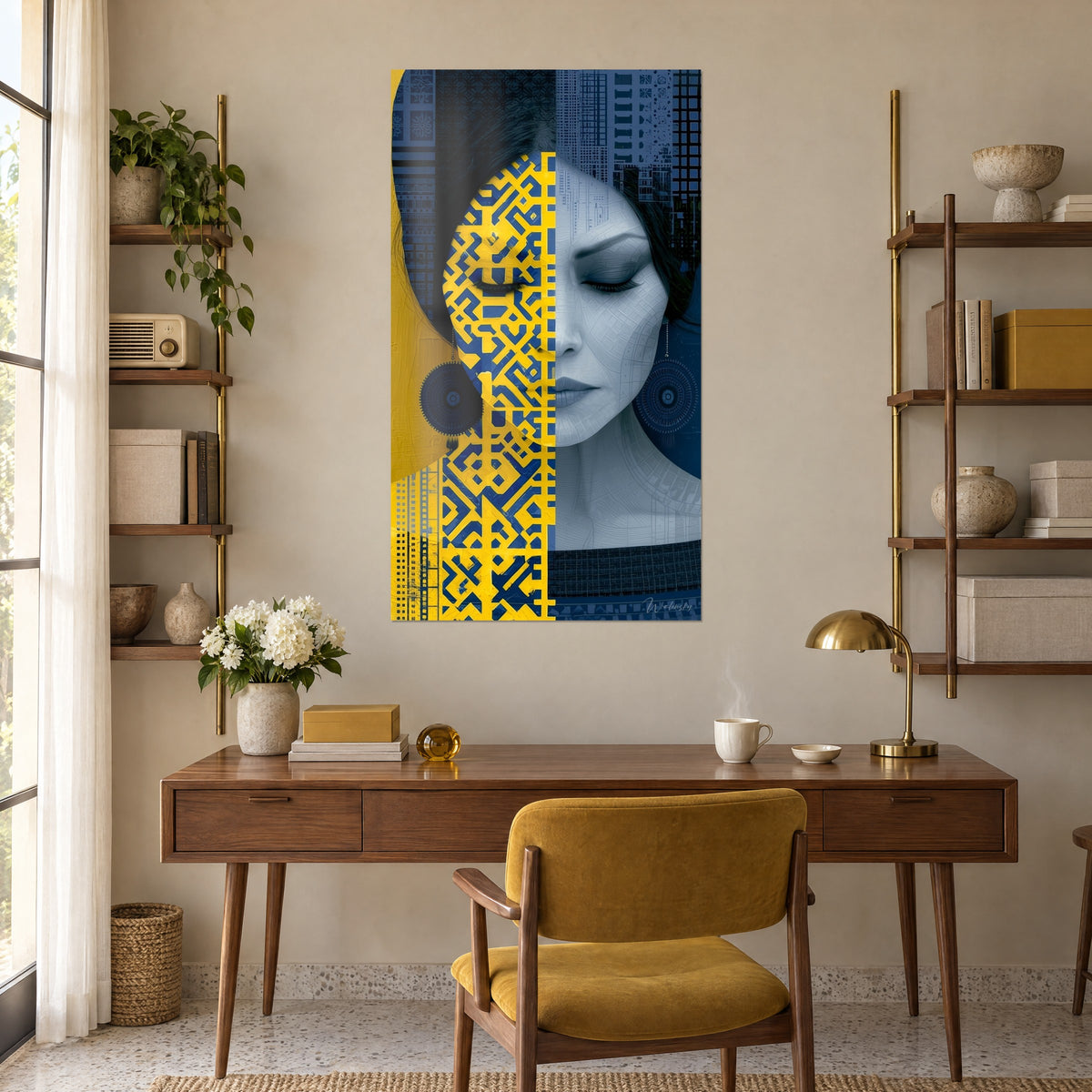 Tableau effigie féminine aux boucles d'oreilles médaillon bleu nuit, motifs jaunes, accroché au-dessus d'un bureau en bois clair