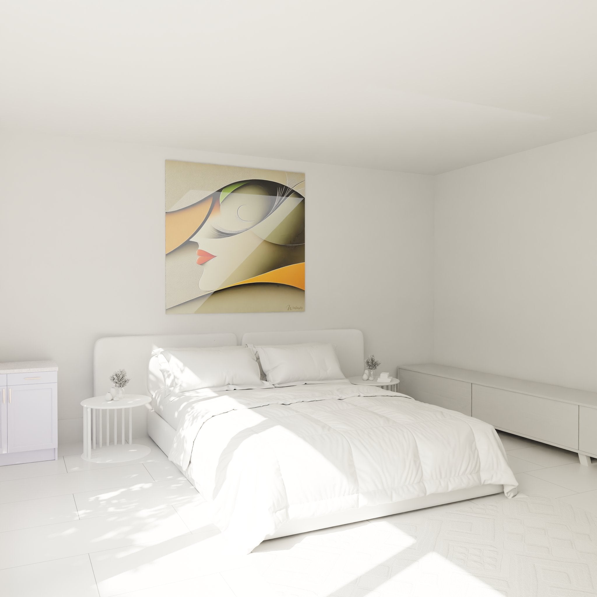 Tableau visage femme abstrait dans chambre moderne décoration murale minimaliste contemporaine