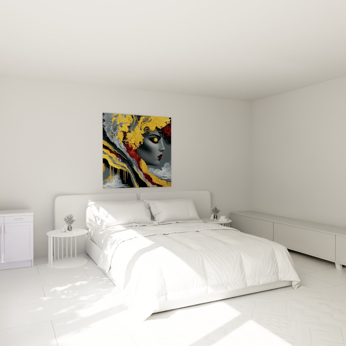 Silhouette dorée et rouge d'un visage abstrait au-dessus d'un lit dans une chambre claire