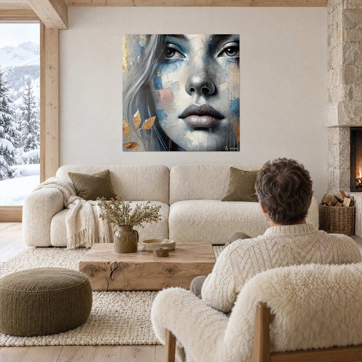 Gemälde mit einem Frauengesicht mit himmelblauen Wangen und Goldblättern, grauer Blick, Mann von hinten, über einem Sofa in einem hellen Wohnzimmer