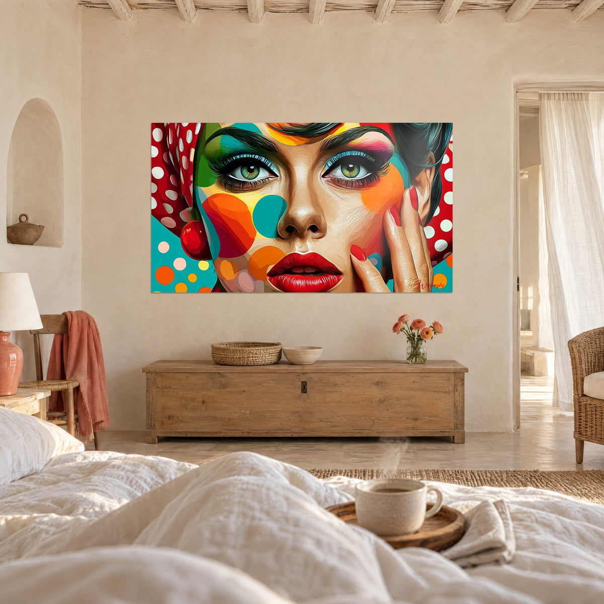 Quadro sguardo verde con ombretto azzurro cielo, unghie rosse contro la guancia, pois colorati, sopra un letto in una camera luminosa