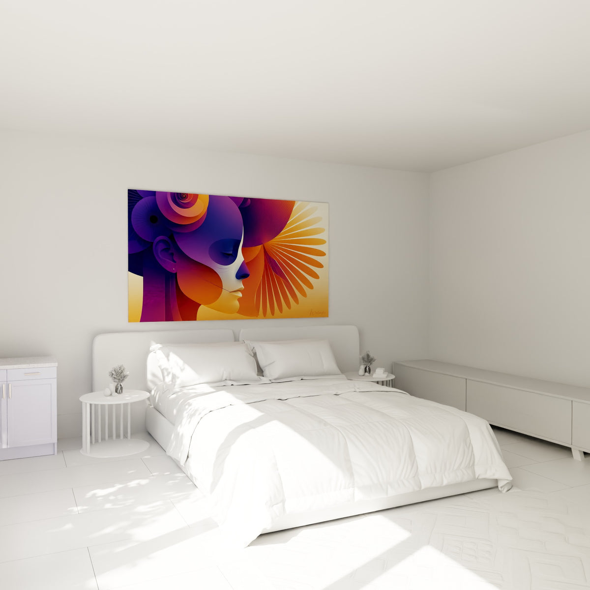 Silhouette violine et orangée aux yeux clos, visage abstrait au-dessus d'un lit dans une chambre claire