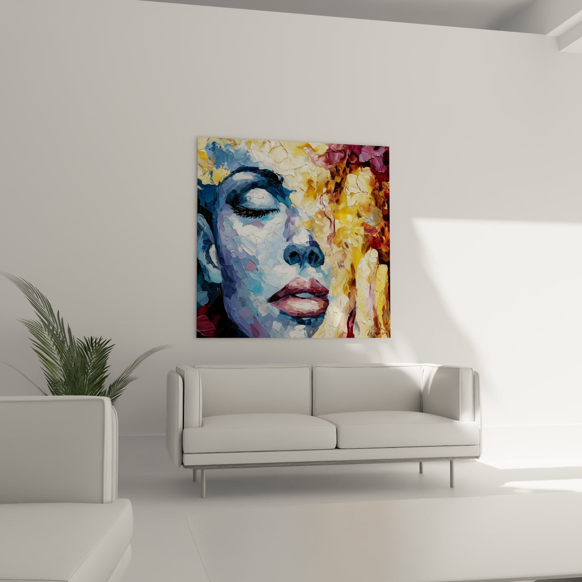 Visage aux tons bleu et ambre, portrait abstrait au-dessus d'un canapé dans un salon lumineux