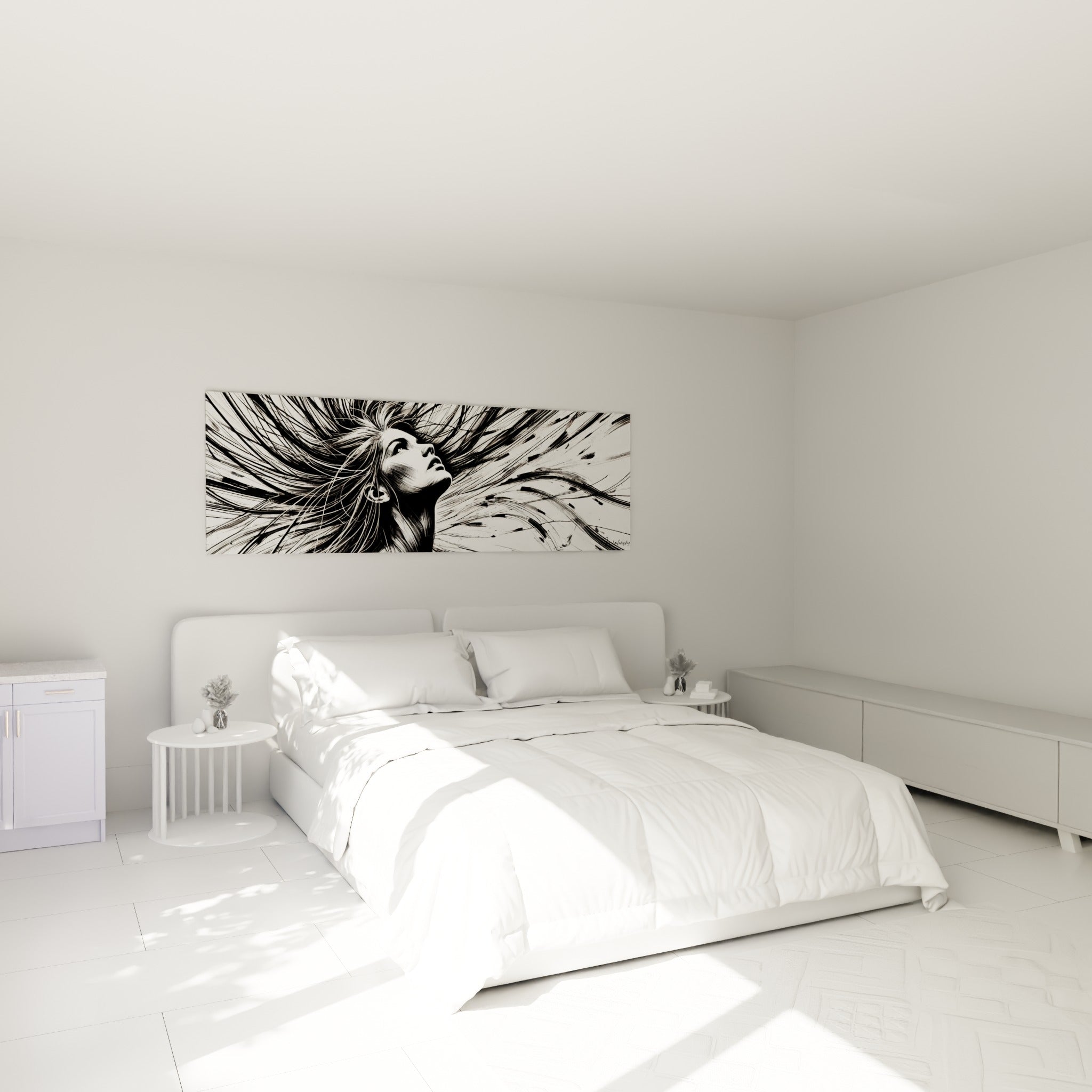 Chevelure noire déployée en traits fins sur fond blanc, au-dessus d'un lit dans une chambre claire