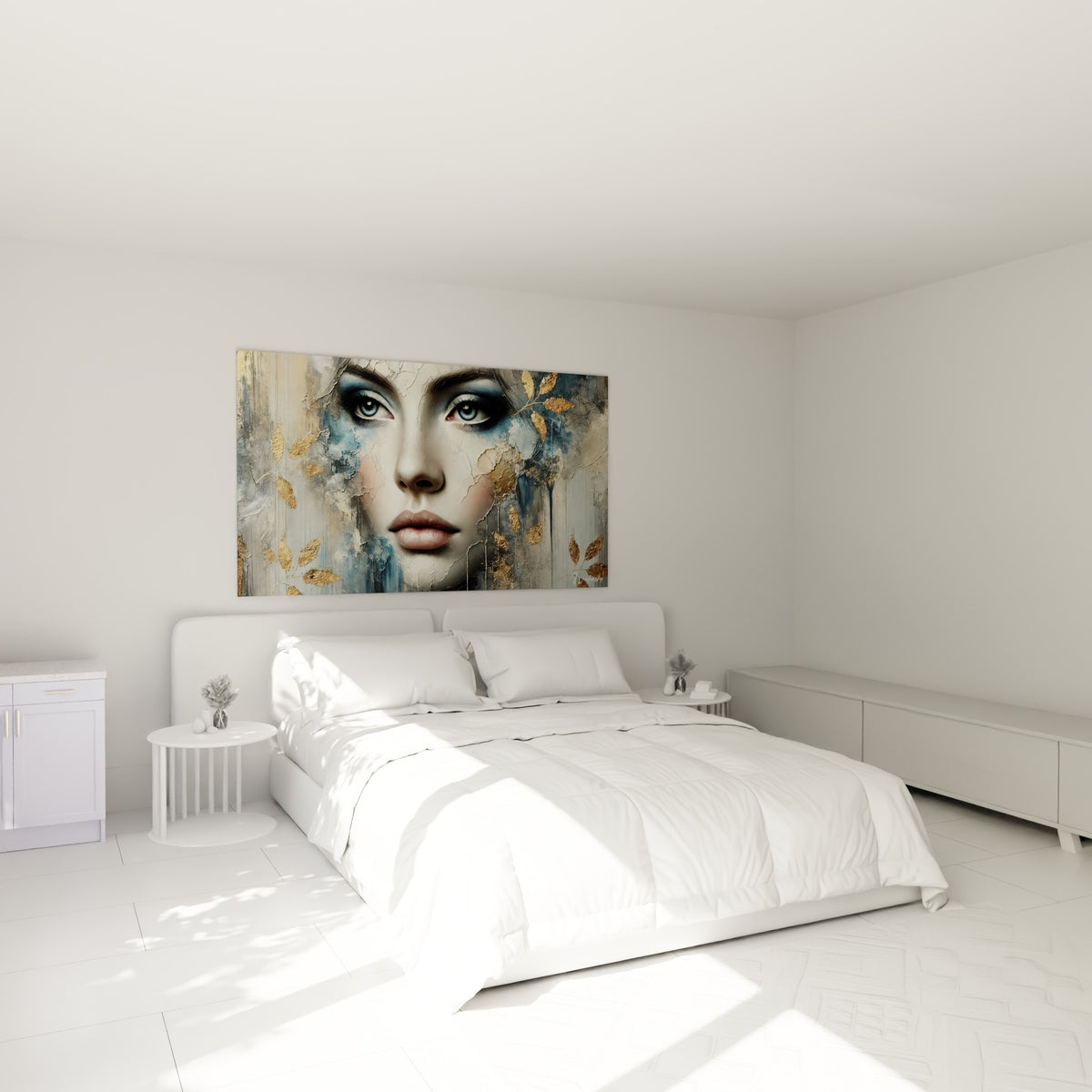 Regard bleu perçant et feuilles dorées ornant ce visage abstrait, accroché au-dessus d'un lit dans une chambre claire