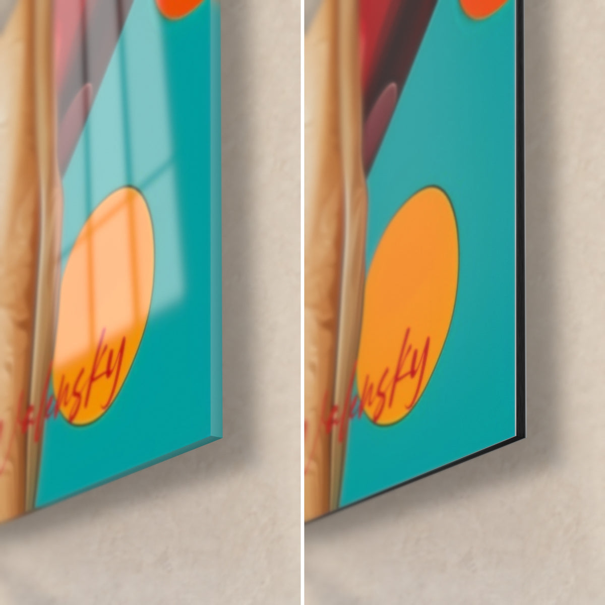 Quadro donna pop art, angolo in basso a destra: vetro acrilico lucido a sinistra, Dibond opaco a destra, pois arancioni su fondo turchese