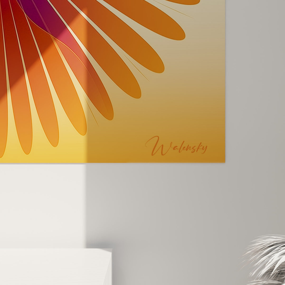 Détail des dégradés violet et orange, grain de l'impression sur ce visage abstrait accroché au mur