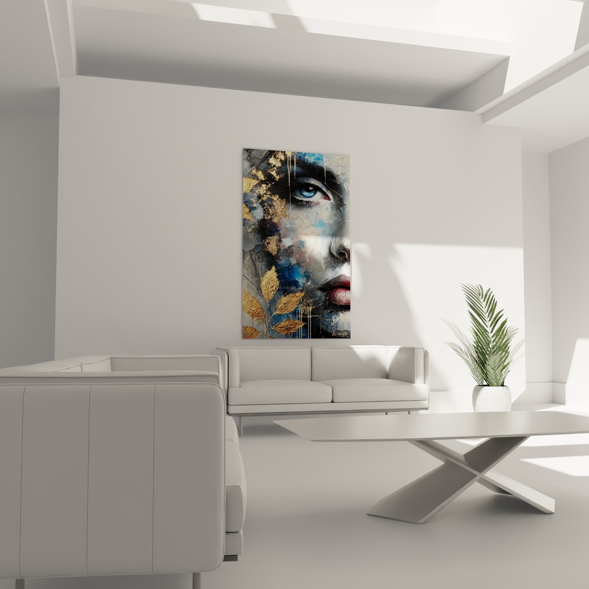 Œil bleu perçant et feuilles dorées sur fond gris anthracite, suspendu au-dessus d'un canapé dans un salon lumineux