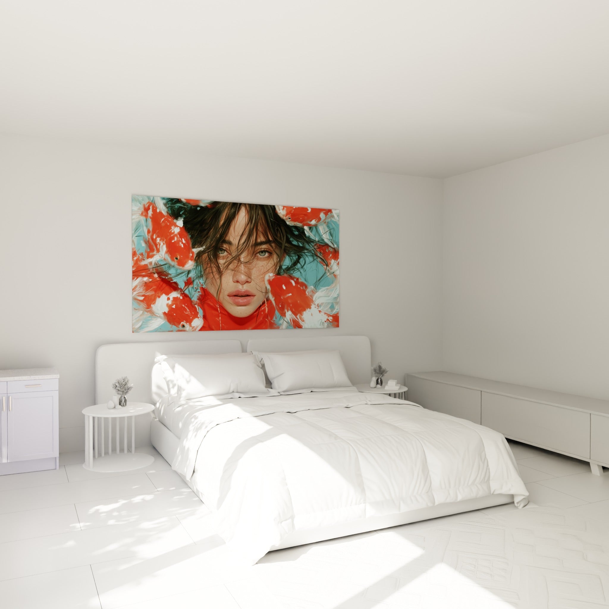 Visage féminin cerné de poissons koï rouges et blancs, tableau visage abstrait au-dessus d'un lit dans une chambre claire