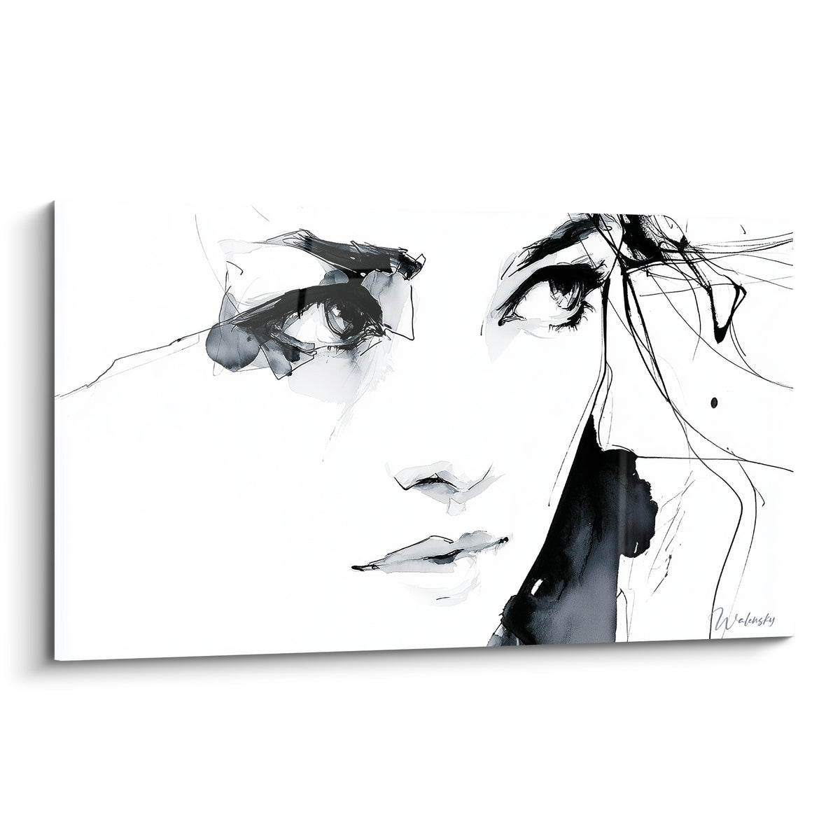 Visage abstrait esquissé en noir et blanc, regard entrouvert, traits d'encre fins sur fond immaculé